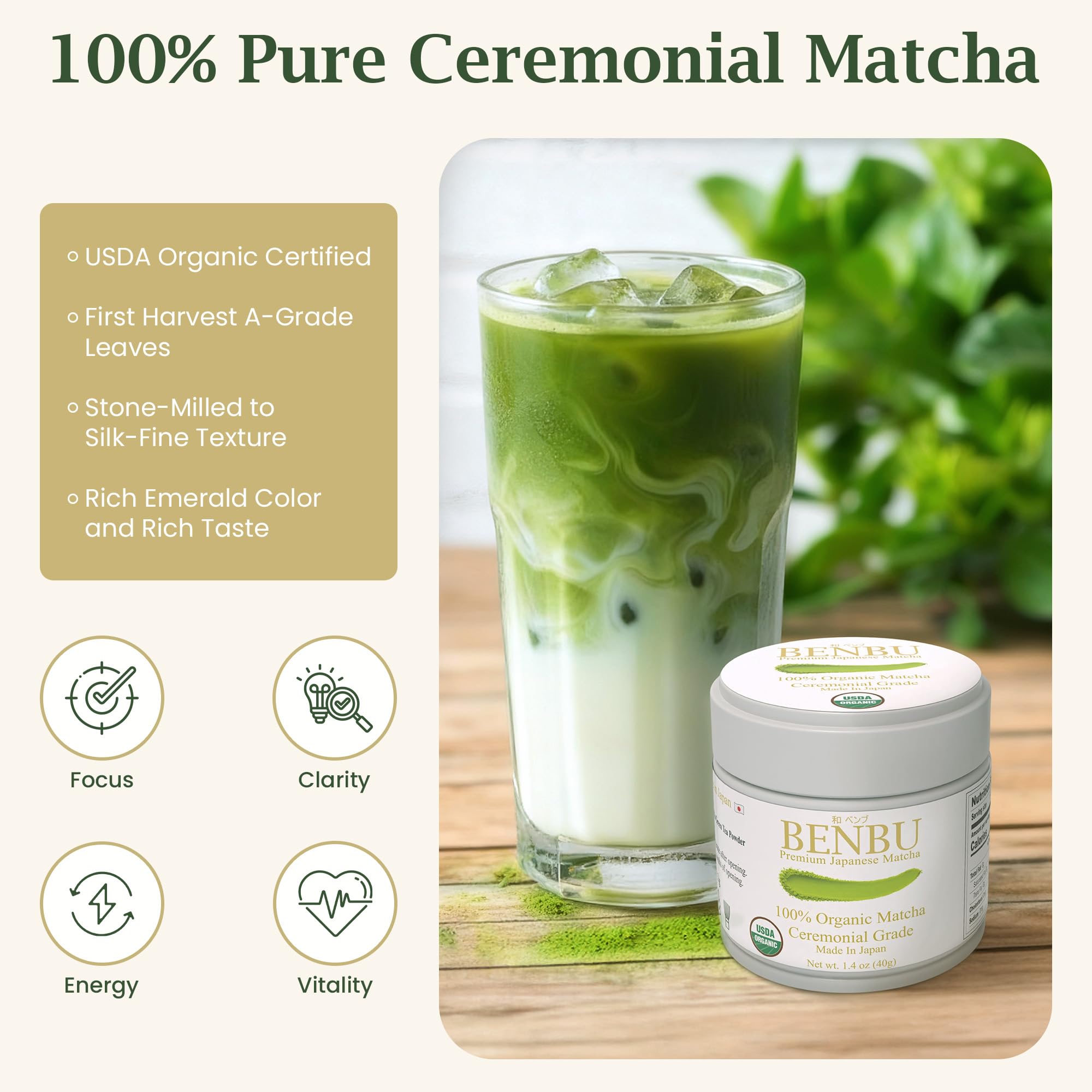 BENBU Matcha Powder - USDA Organic Ceremonial Grade, First Harvest, Stone-Milled in Japan, Authentic Japanese Green Tea, No Additives, 1.4 oz (40g)