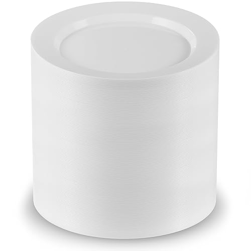 Munfix 100 White Plastic Plates Set, 7 Inch Dessert Appetizer, Fancy Disposable, Heavy Duty, Elegant Wedding Party Plates