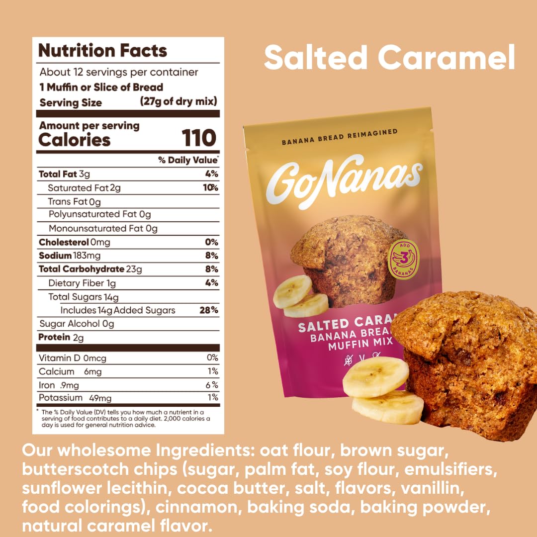 GoNanas Salted Caramel Oat Flour Banana Bread Mix, Suitable for Plant Based Vegan Diets, Gluten Free Dairy Free Snacks, Healthy Snacks For Adults, Muffin Mix, Nut Free, Cupcakes Dessert, NON-GMO, 1pk