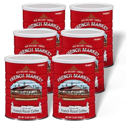 French Market Coffee, French Roast, Medium-Dark Roast Ground Coffee, 12 Ounce Metal Can (Pack of 6)