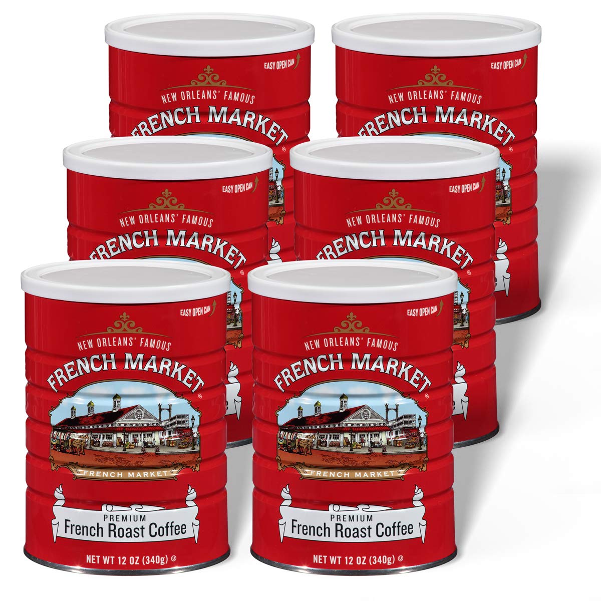 French Market Coffee, French Roast, Medium-Dark Roast Ground Coffee, 12 Ounce Metal Can (Pack of 6)
