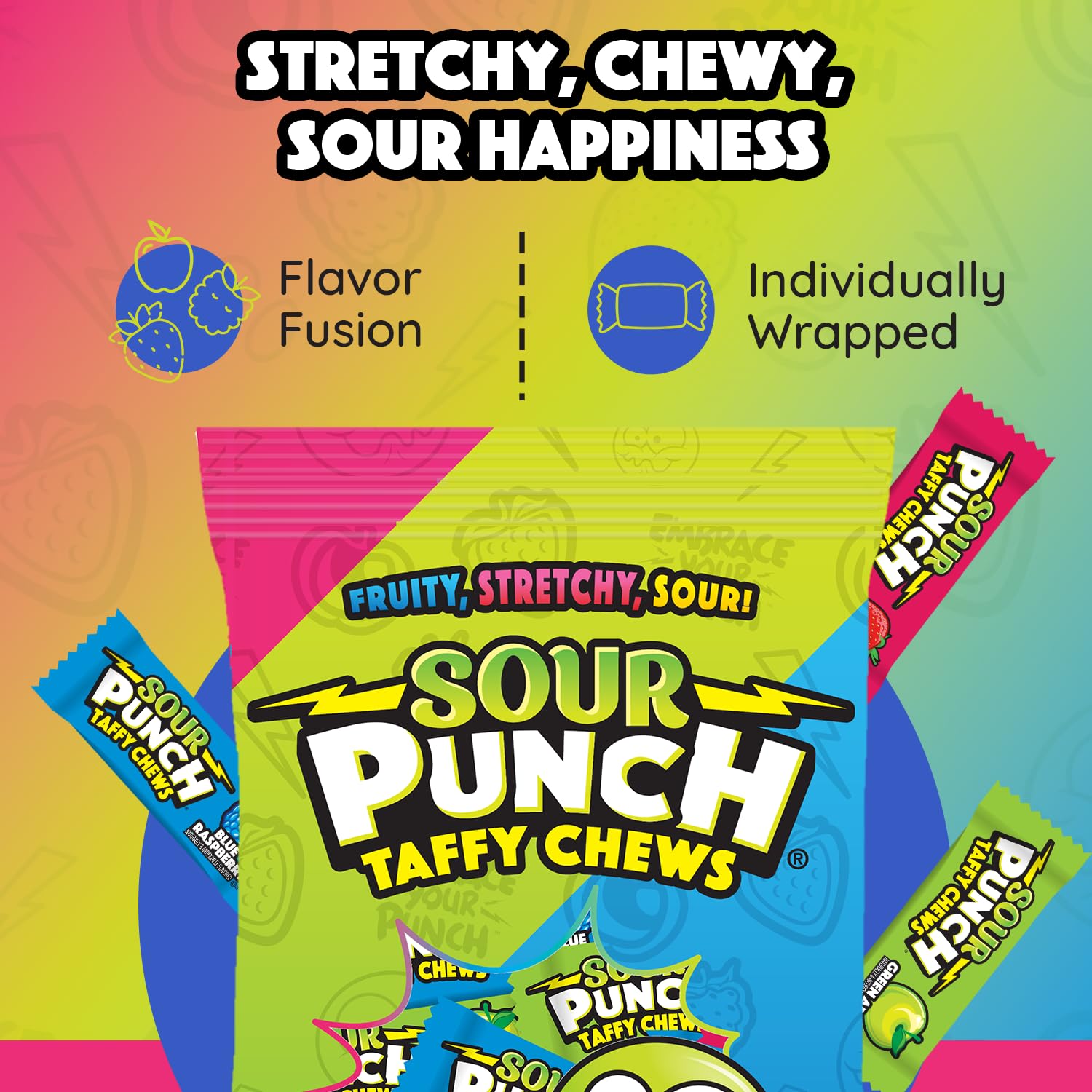 Sour Punch Taffy Candy Chews - 25 oz Bag (Pack of 1) - (Strawberry, Blue Raspberry, Green Apple) - Individually Wrapped Chewy Candy - Fun Sour Chewy