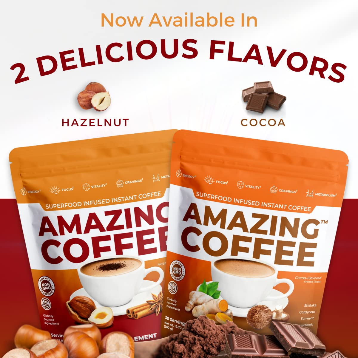 Superfoods Company | Amazing Coffee - Instant Coffee| Mushrooms, Superfoods - Hazelnut French Roast - Gluten Free, Non-GMO, Sugar Free, Vegan, Keto