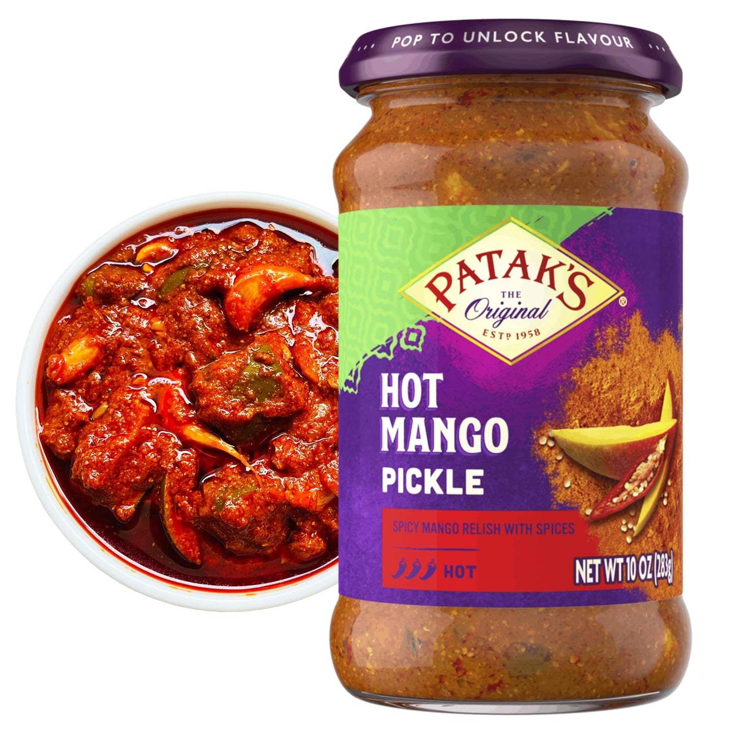Patak’s Hot Mango Pickle - Authentic Indian Relish w/Mango Chunks, Mustard Seeds & Aromatic Spices - Perfect for Sandwiches, Salads & Cold Meats