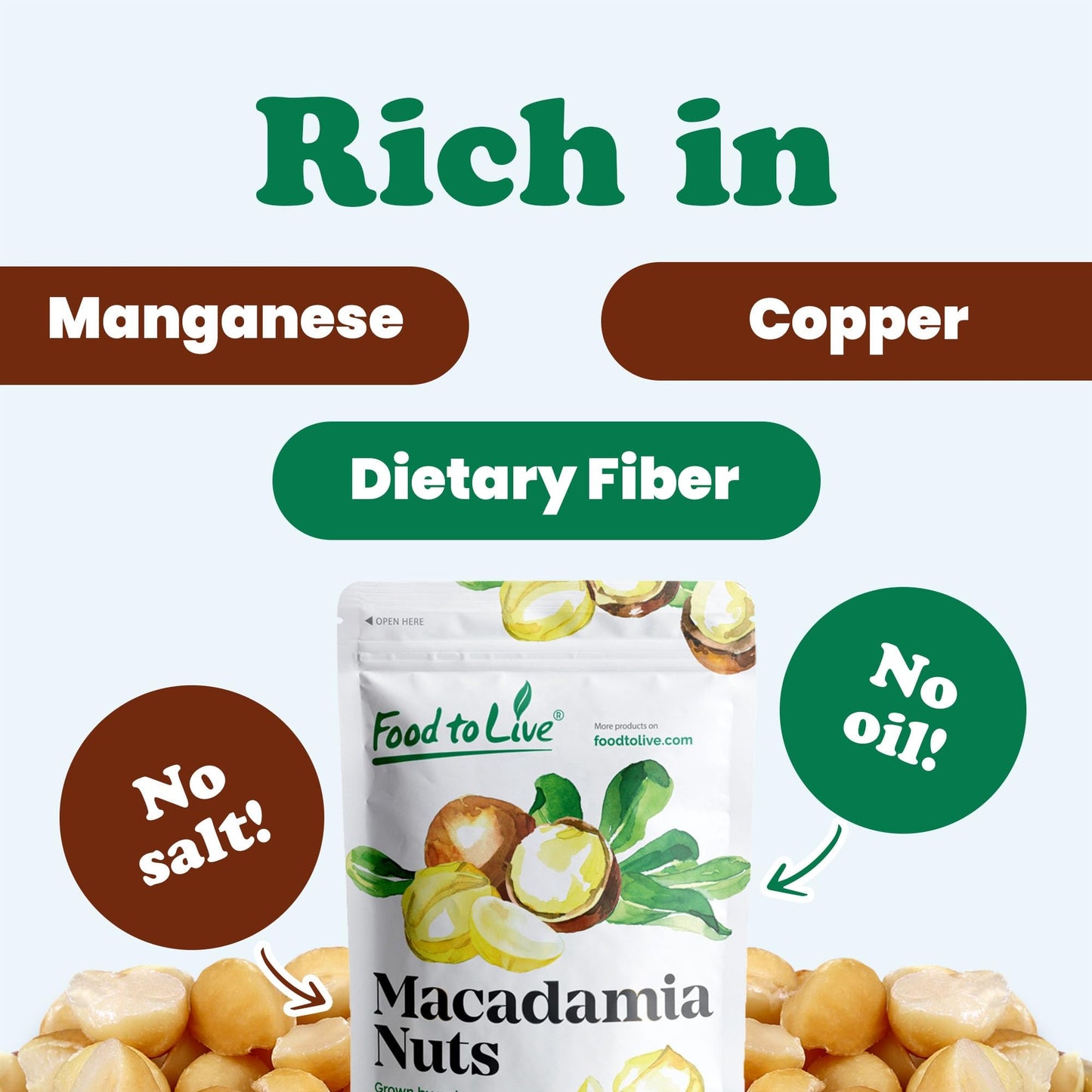 Food to Live Dry Roasted Macadamia Nuts Halves and Pieces, 8 Ounces - Oven Toasted Unsalted Snack, Great for Baking and as Topping for Salads, Yogurt