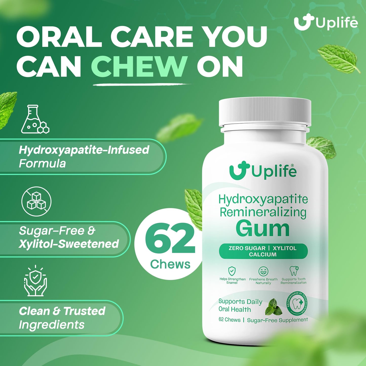 UPLIFE Hydroxyapatite Remineralizing Gum, 62 Pieces - Sugar Free Xylitol Chewing Gum for Daily Oral Care, Supports Enamel & Fresh Breath, Vegan, Mint