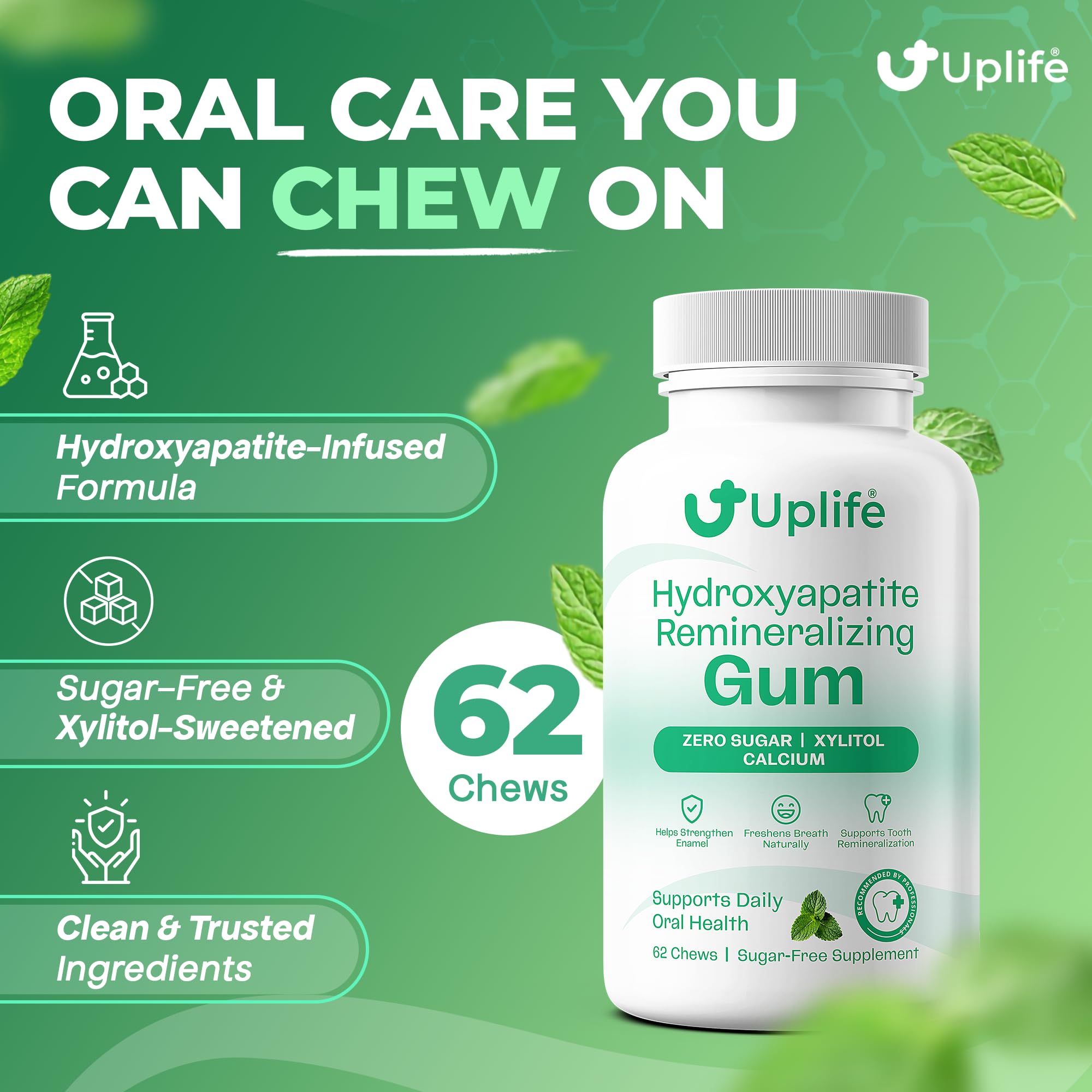UPLIFE Hydroxyapatite Remineralizing Gum, 62 Pieces - Sugar Free Xylitol Chewing Gum for Daily Oral Care, Supports Enamel & Fresh Breath, Vegan, Mint