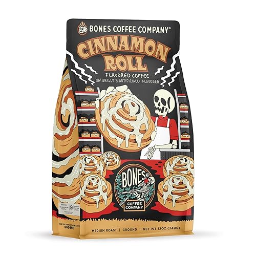 Bones Coffee Company Cinnamon Roll Flavored Coffee, Medium Roast Low Acid Arabica Beans Compatible with Auto drip and French Press Coffee Maker, 12 Oz