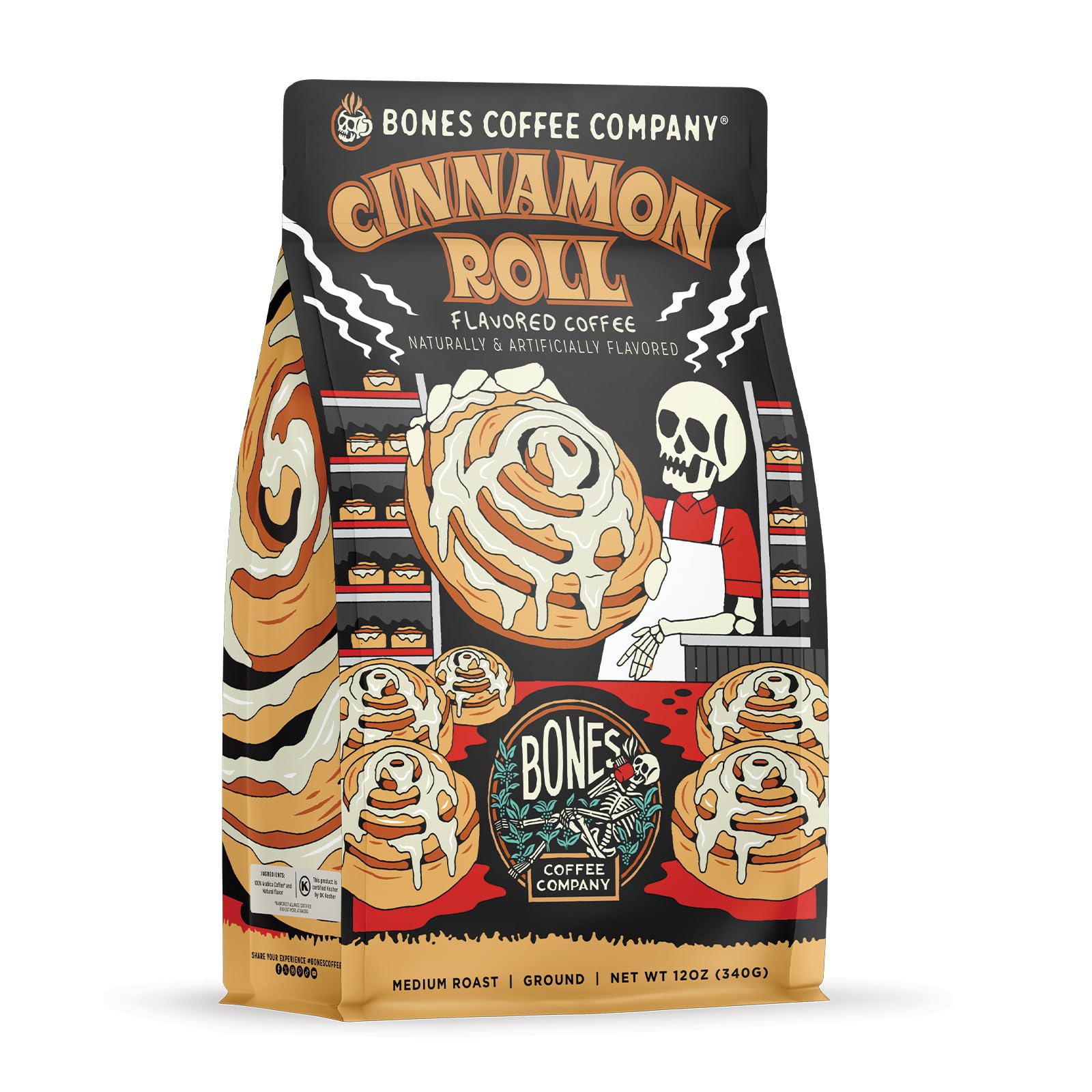 Bones Coffee Company Cinnamon Roll Flavored Coffee, Medium Roast Low Acid Arabica Beans Compatible with Auto drip and French Press Coffee Maker, 12 Oz