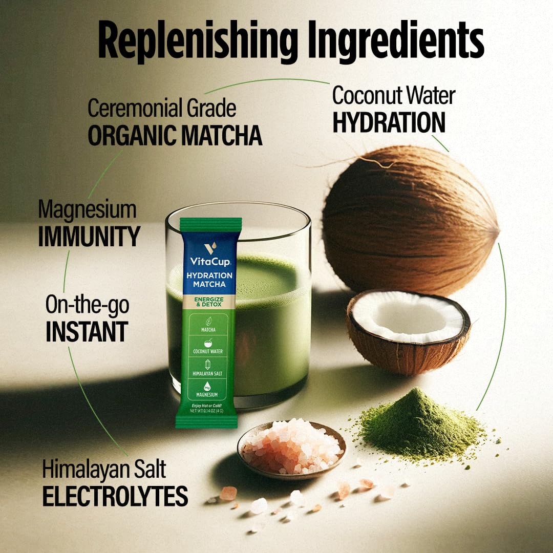 VitaCup Hydration Matcha Instant Packets, for Natural Energy and Detox, w/Electrolytes, Ceremonial Grade Organic Matcha, Coconut Water, Pink Himalayan