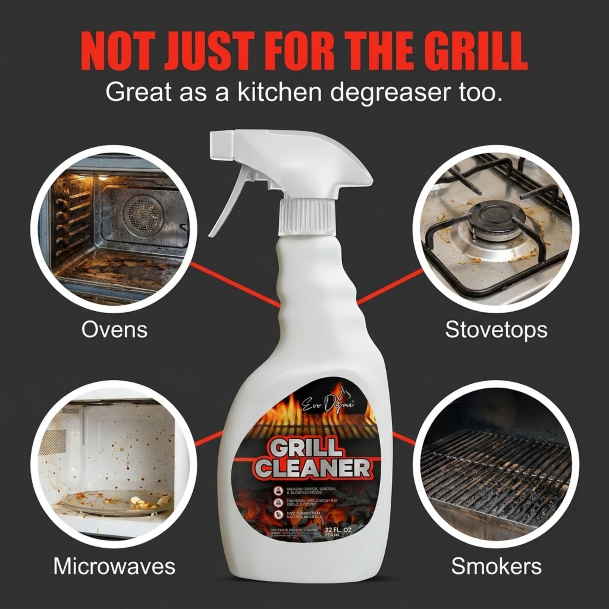Evo Dyne Grill Cleaner Spray (32 oz), Made in USA - Quickly Cleans BBQ Burnt-on Foods and Grease from Grill Grates - Heavy Duty, Fast-Acting Formula