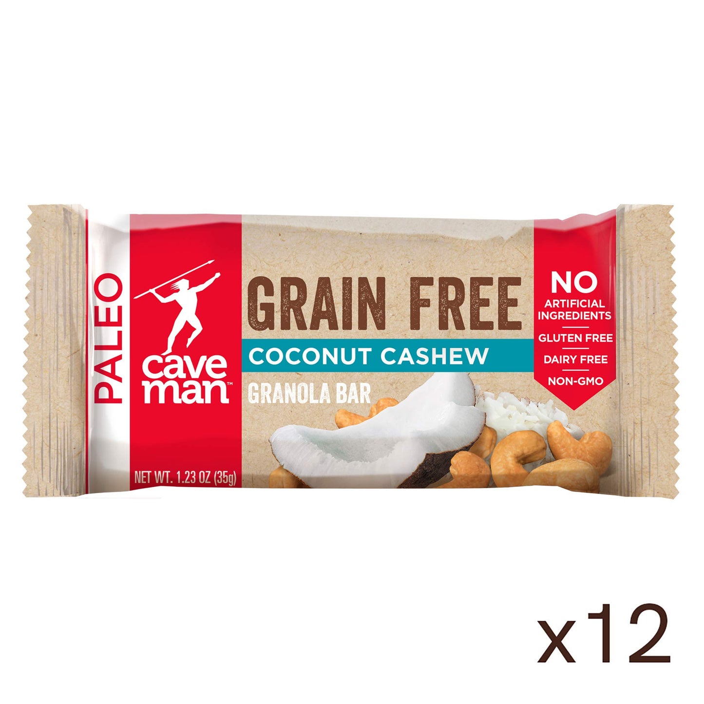 Caveman Foods Grain-Free Granola Bar Coconut Cashew 4 Count Box (Pack of 3)