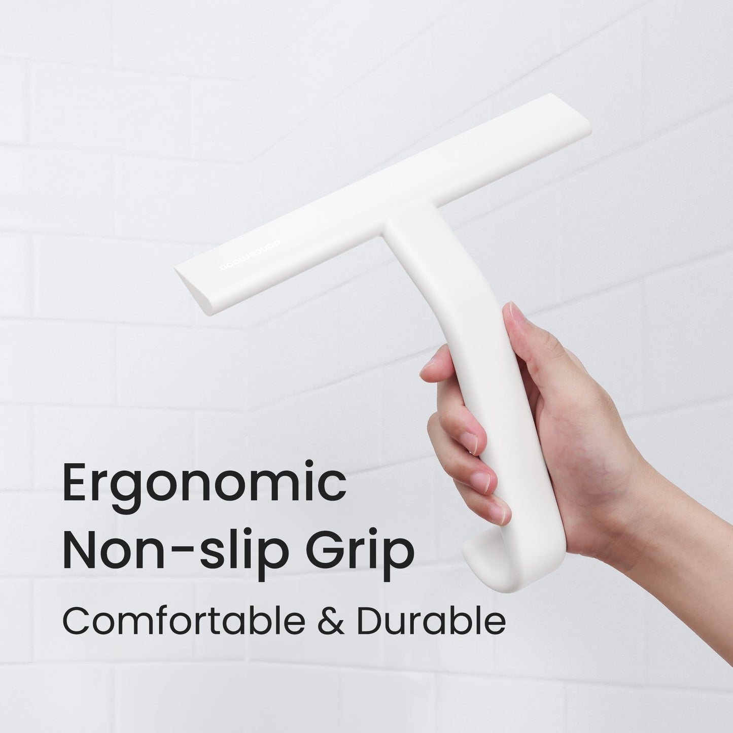 dancemoon JustHang Shower Squeegee for Glass Doors, All-One-Piece Award-Winning Silicone Squeegee with Built-in Hook for Bathroom, Window, Mirror