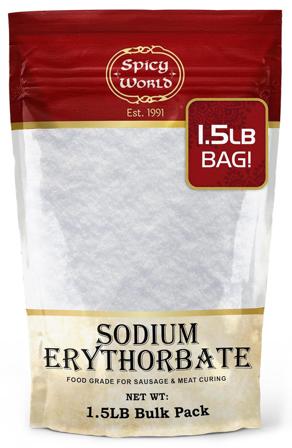 Spicy World Pure Sodium Erythorbate 1.5 Pound Large - Top Food Grade - Great for Sausage Making and Meat Curing
