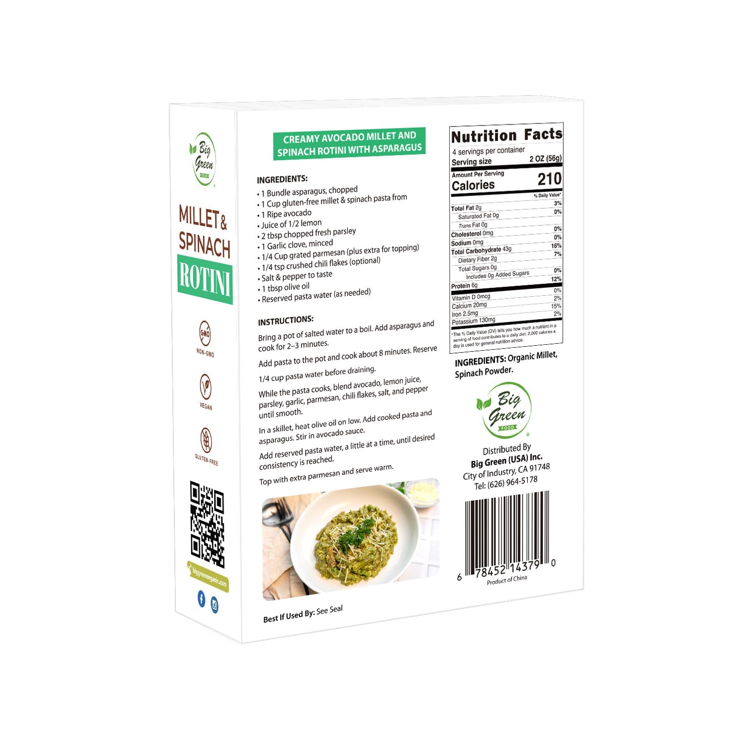 Big Green Food - Millet & Spinach Rotini Pasta, Gluten-Free, Non-GMO, Vegan, Wheat-Free, Made with Millet and Spinach (3 Boxes)