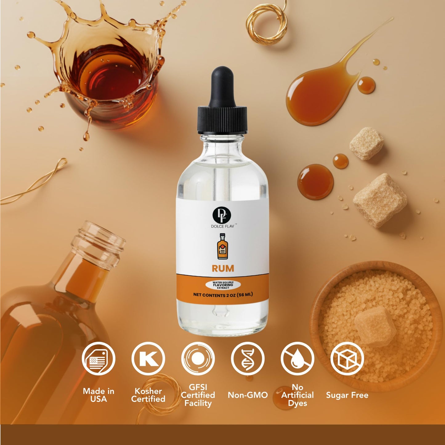 Dolce Flav Natural Rum Extract - 2 Ounce Water-Soluble Kosher, Sugar-Free, Concentrated Dark Rum Flavoring for Baking, Cocktails & Desserts, Includes