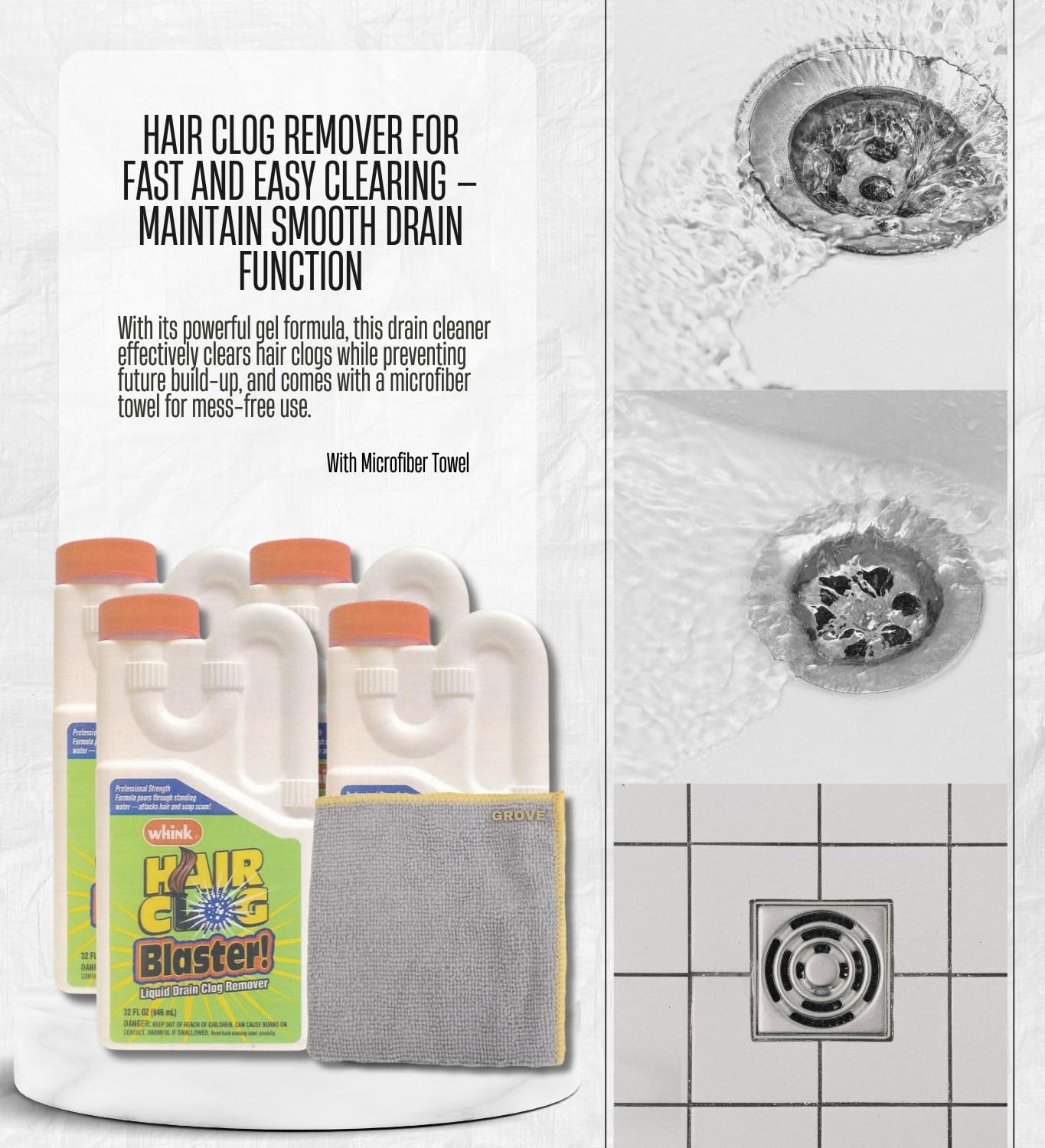 4x Whink Hair Clog Remover 32 oz Bundle with Microfiber Cloth - Hair Clogged Drain Remover - Shower Drain Cleaner for Bathroom and Septic Systems