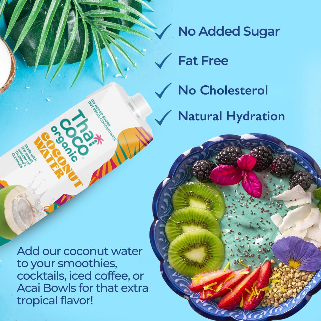 Thai Coco Organic Coconut Water, No Sugar Added, No Artificial Ingredients, Natural Electrolytes, 100% Pure, Not from Concentrate - 33.8 fl. oz. (6