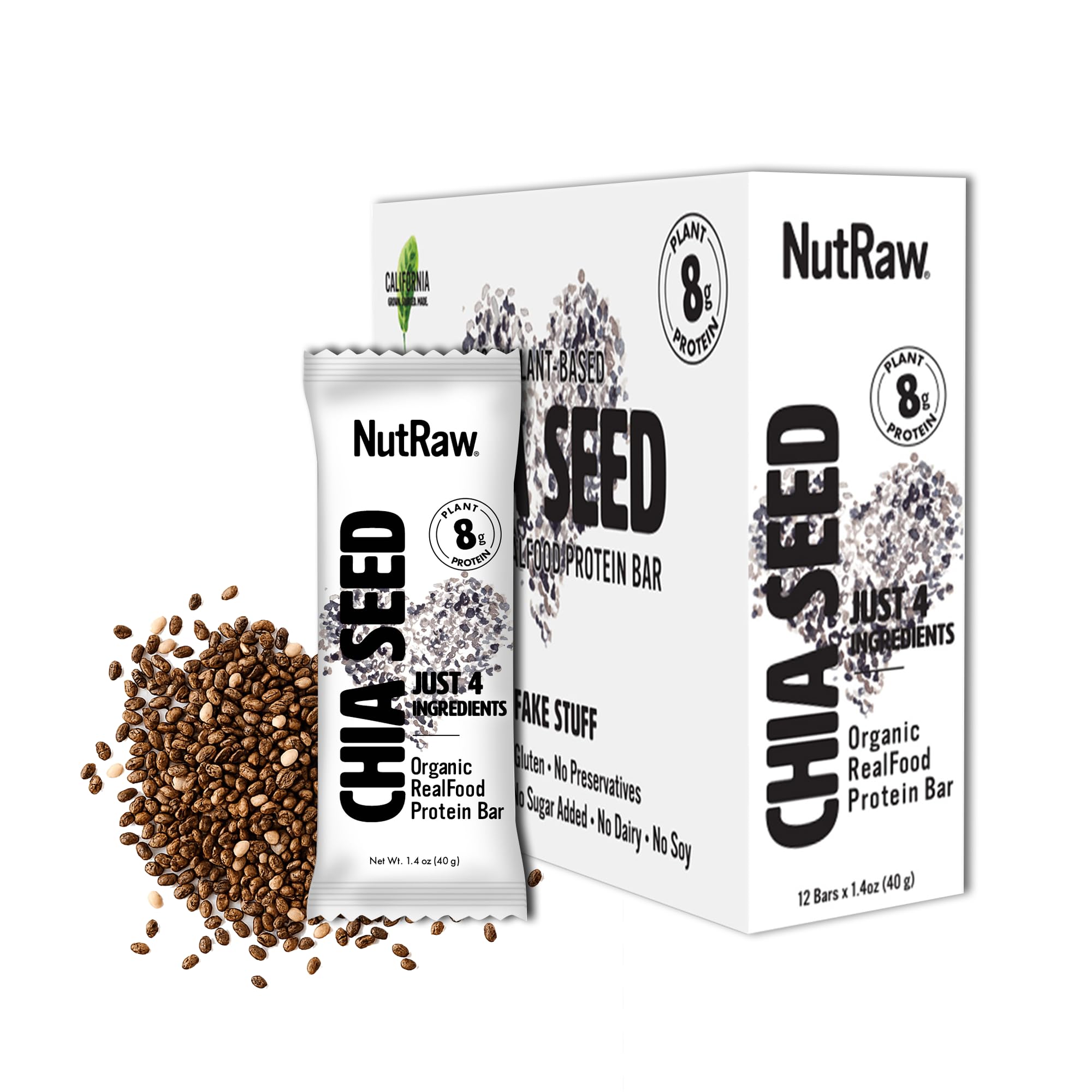 NutRaw Organic Chia Seed Bar, 12 Pack (1.4 oz) - Vegan Protein Bar with 8g Plant Protein & 6g Fiber - Clean Ingredient Chia Snack Bar, Gluten Free, No