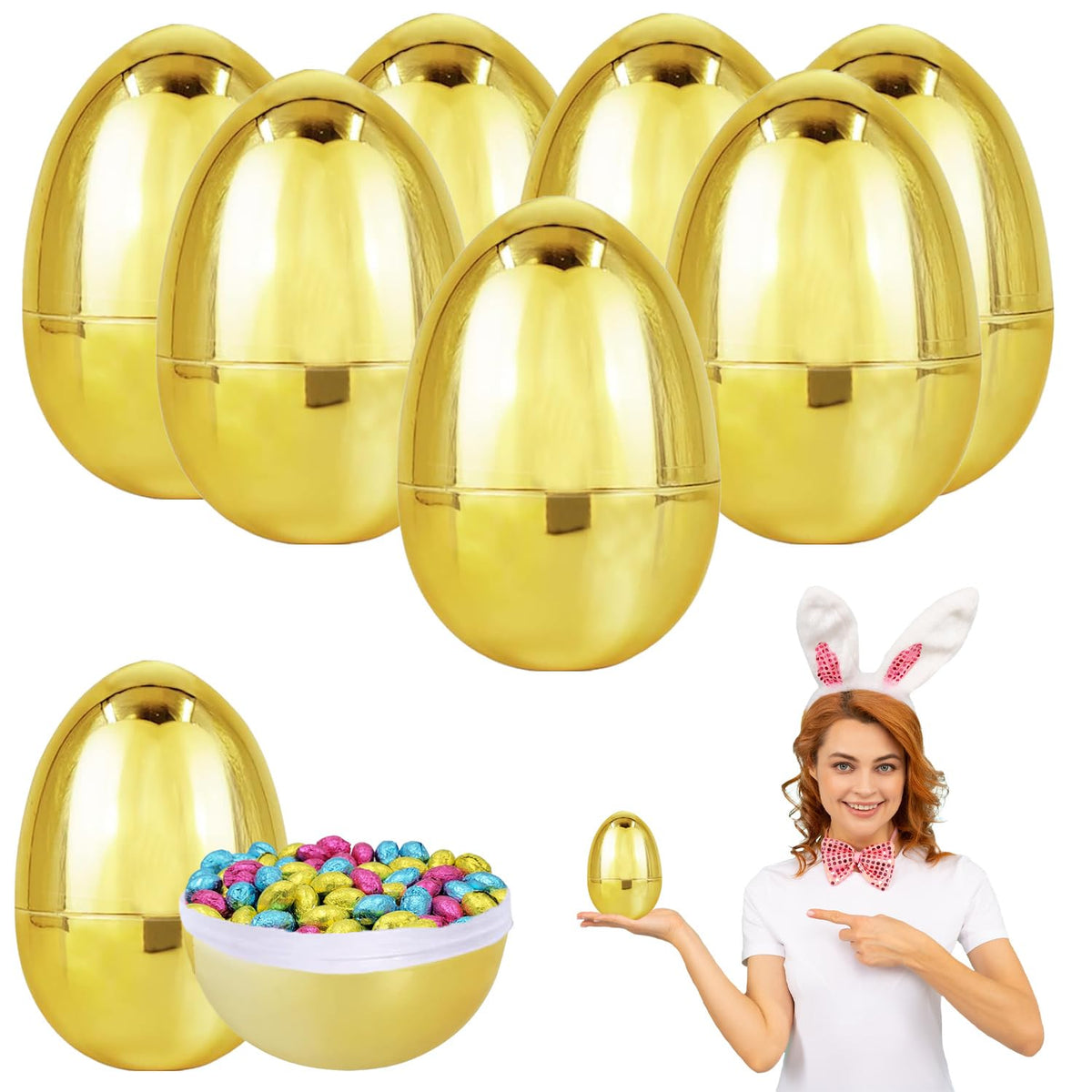 Chochkees 6 Inch Jumbo Golden Easter Eggs 12 Pack Metallic Gold, Goodie Basket Prize, Eggs, 6" Inch (12-Pack)
