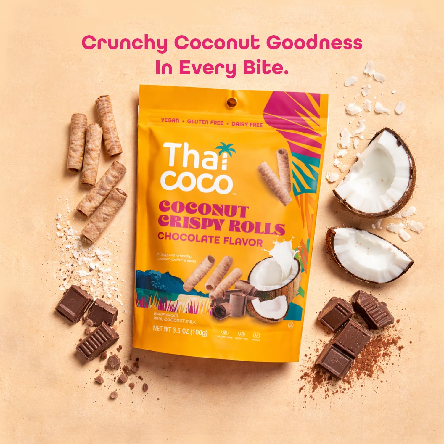 Thai Coco Chocolate Crispy Coconut Rolls 8 Bag (3.5 oz each) - Organic Tropical Snack, Vegan, Gluten-Free, Dairy-Free, Non-GMO, Light Fluffy Healthy