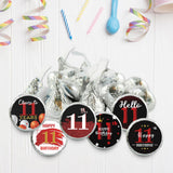 Happy 11th Birthday Party Favor Labels Chocolate Kisses Candy Stickers - Round Candy Sticker Party Favors - Black and Red - 150 Stickers