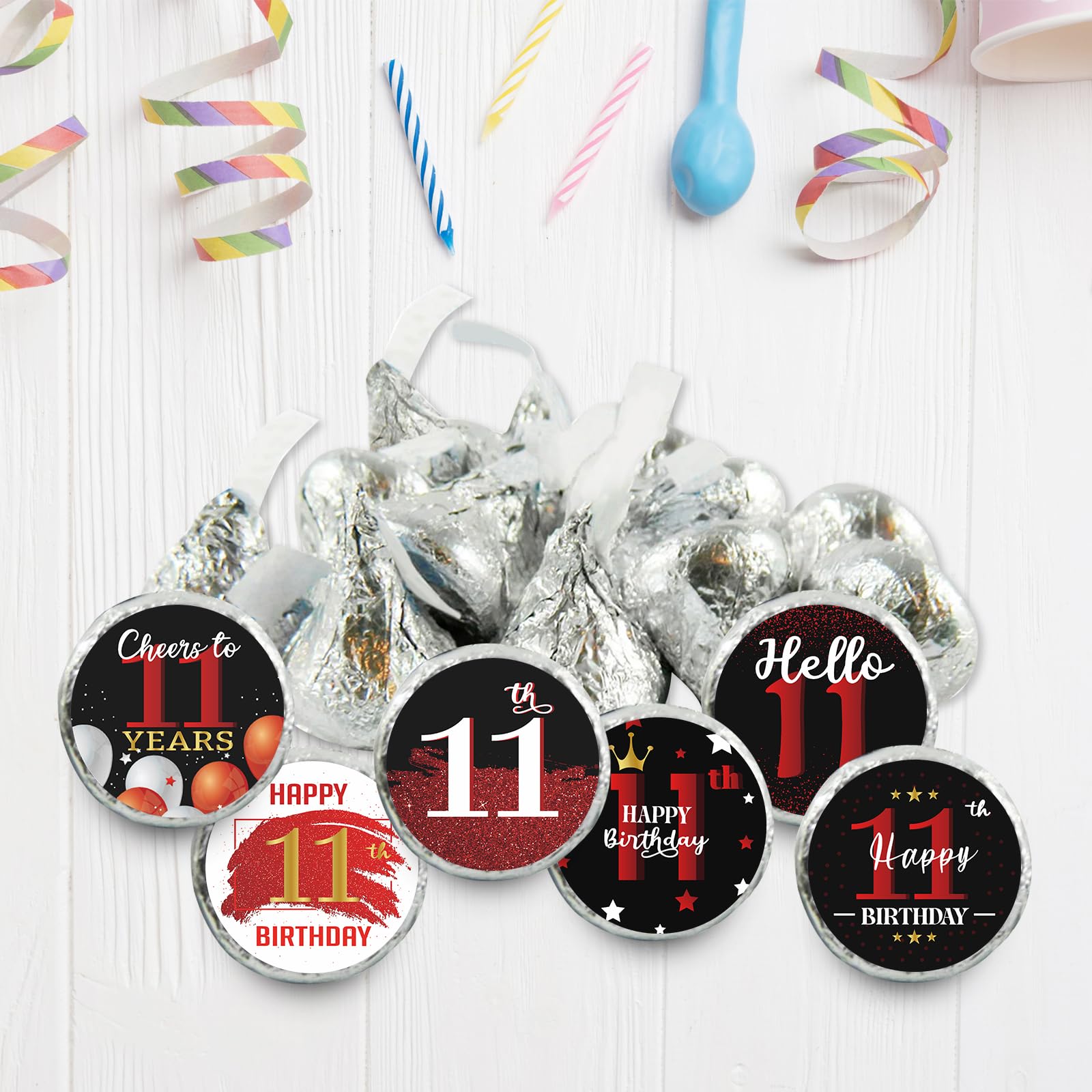 Happy 11th Birthday Party Favor Labels Chocolate Kisses Candy Stickers - Round Candy Sticker Party Favors - Black and Red - 150 Stickers