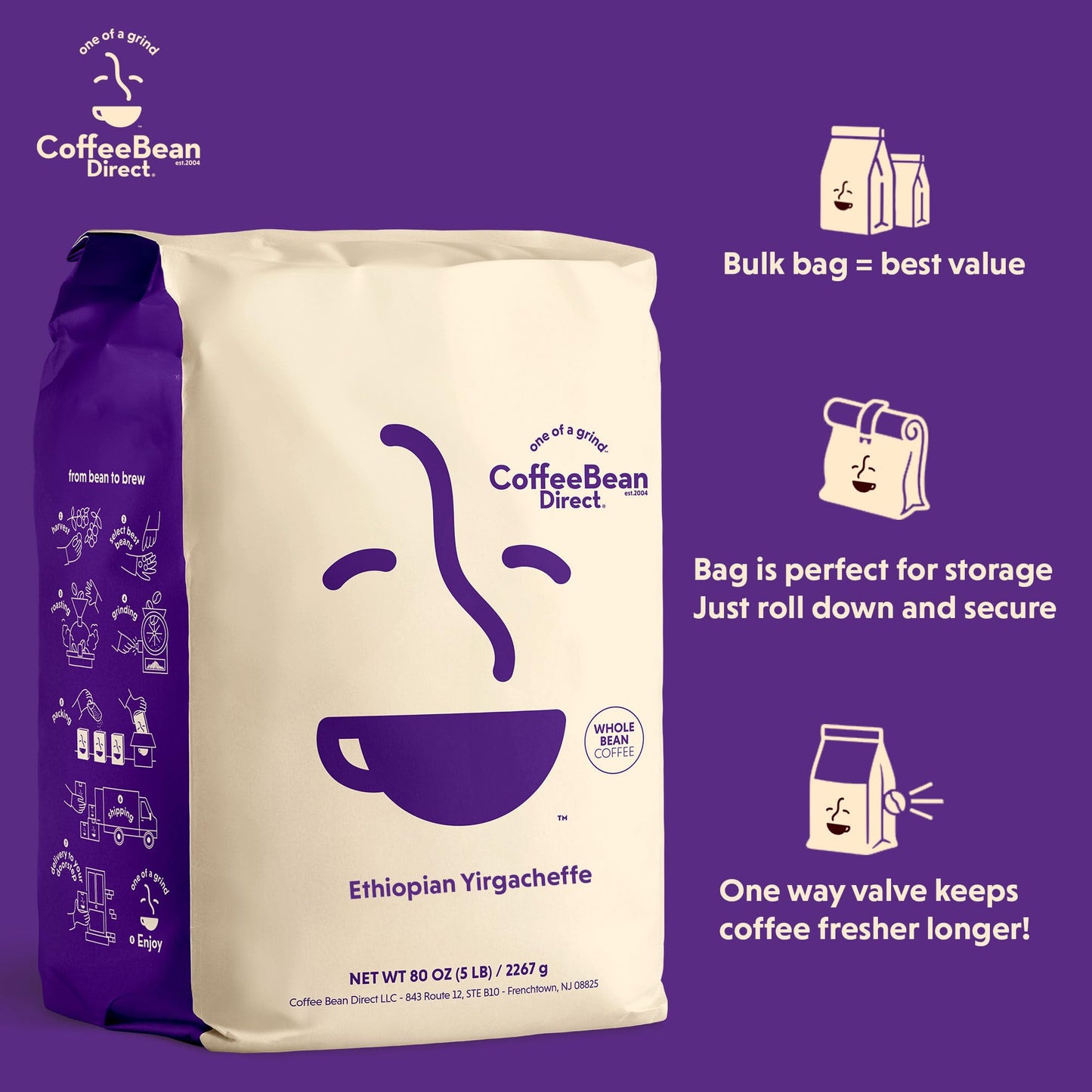 Coffee Bean Direct Ethiopian Yirgacheffe, Whole Bean Coffee, Arabica Coffee, Light Roast, 5 Pound Bag (Pack of 1)