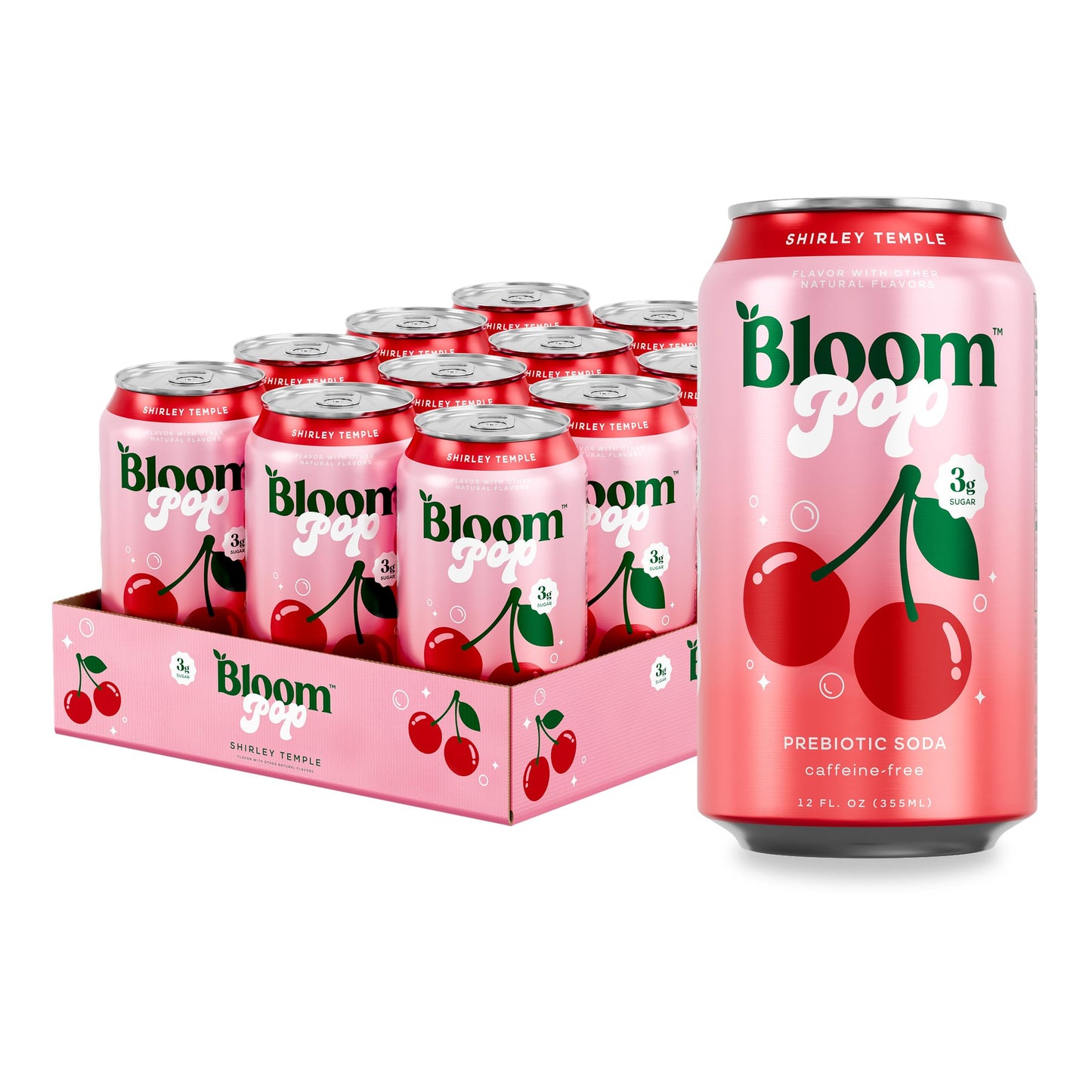 Bloom Pop Prebiotic Soda 12 Pack, Shirley Temple Flavor, 12oz Cans | Prebiotic Soda for Gut Health, Low Calorie Soda, No Caffeine, Healthy Soft Drink