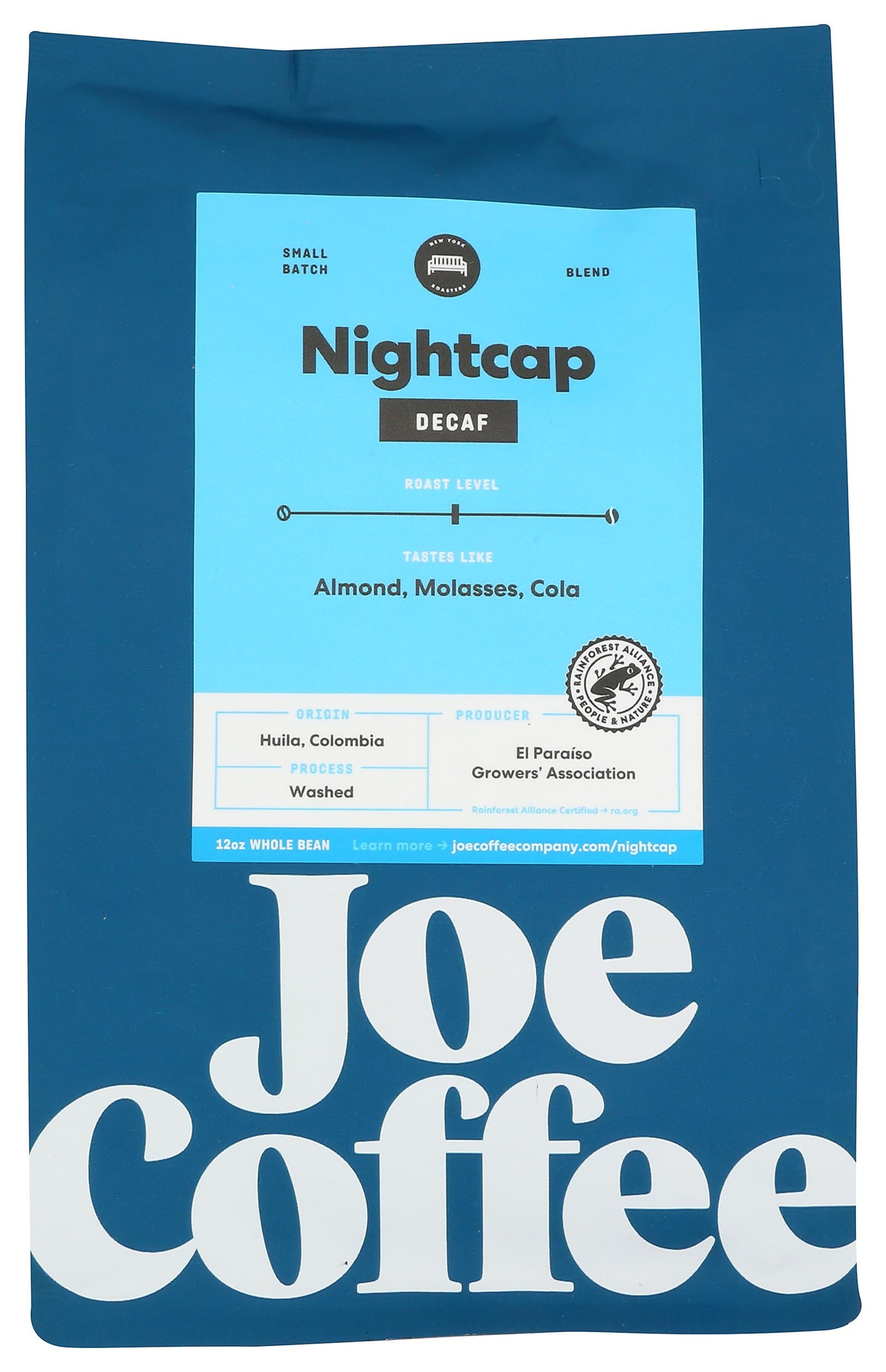 Joe Coffee Company - Nightcap Decaffeinated Whole Bean Specialty Coffee, 12 oz Bag | NYC Roaster, Rainforest Alliance Certified, Kosher