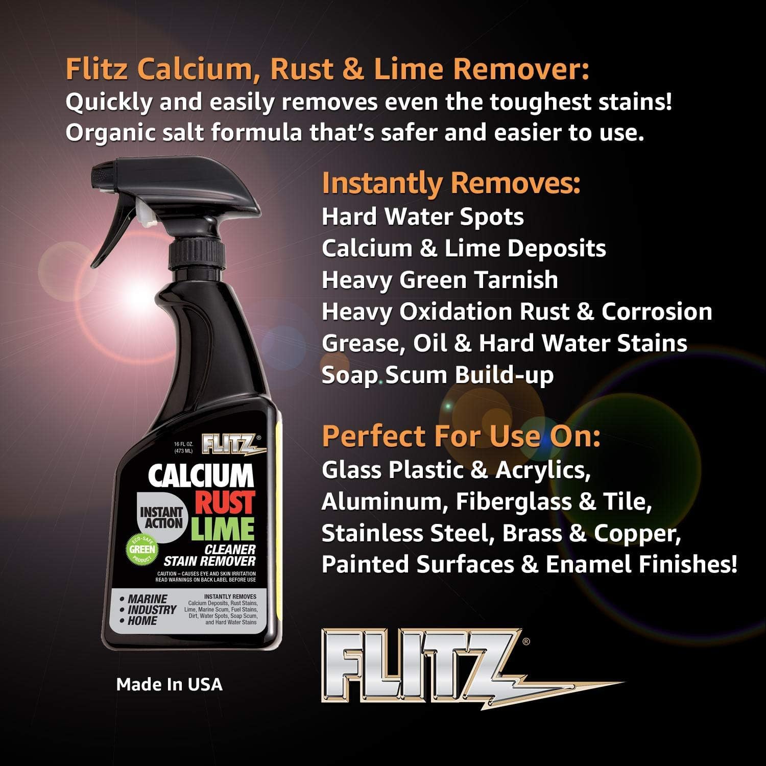 FLITZ Calcium, Rust, & Lime Remover - 16oz Bottle of USA-Made Limescale Remover for Toilets, Showers, and More - Powerful Spray that Instantly