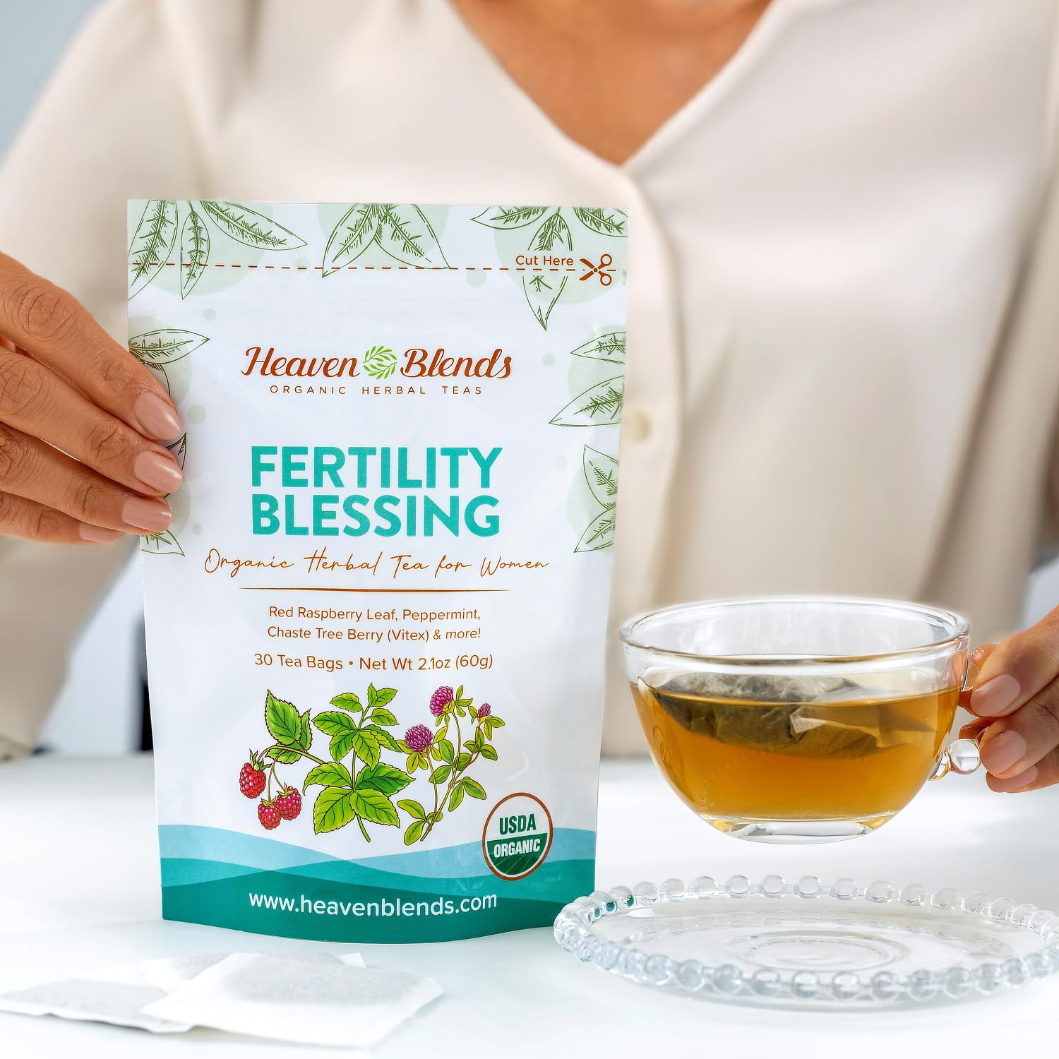 Heaven Blends Fertility Blessing Tea for Women - USDA Organic - Red Raspberry Leaf, Peppermint, Chaste Tree Berry (Vitex), Red Clover, Nettle
