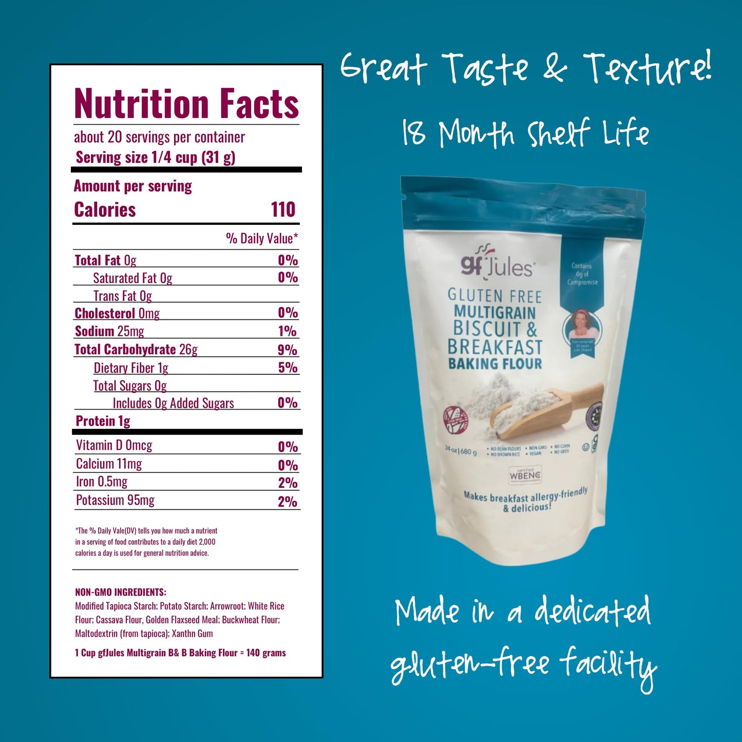 gfJules Certified Gluten Free Multigrain Biscuit & Breakfast Baking Flour | No Grit, Non-GMO, Vegan | Certified Top 9 Allergen-Free & Kosher | Corn-Free | 24 Ounces, Pack of 12