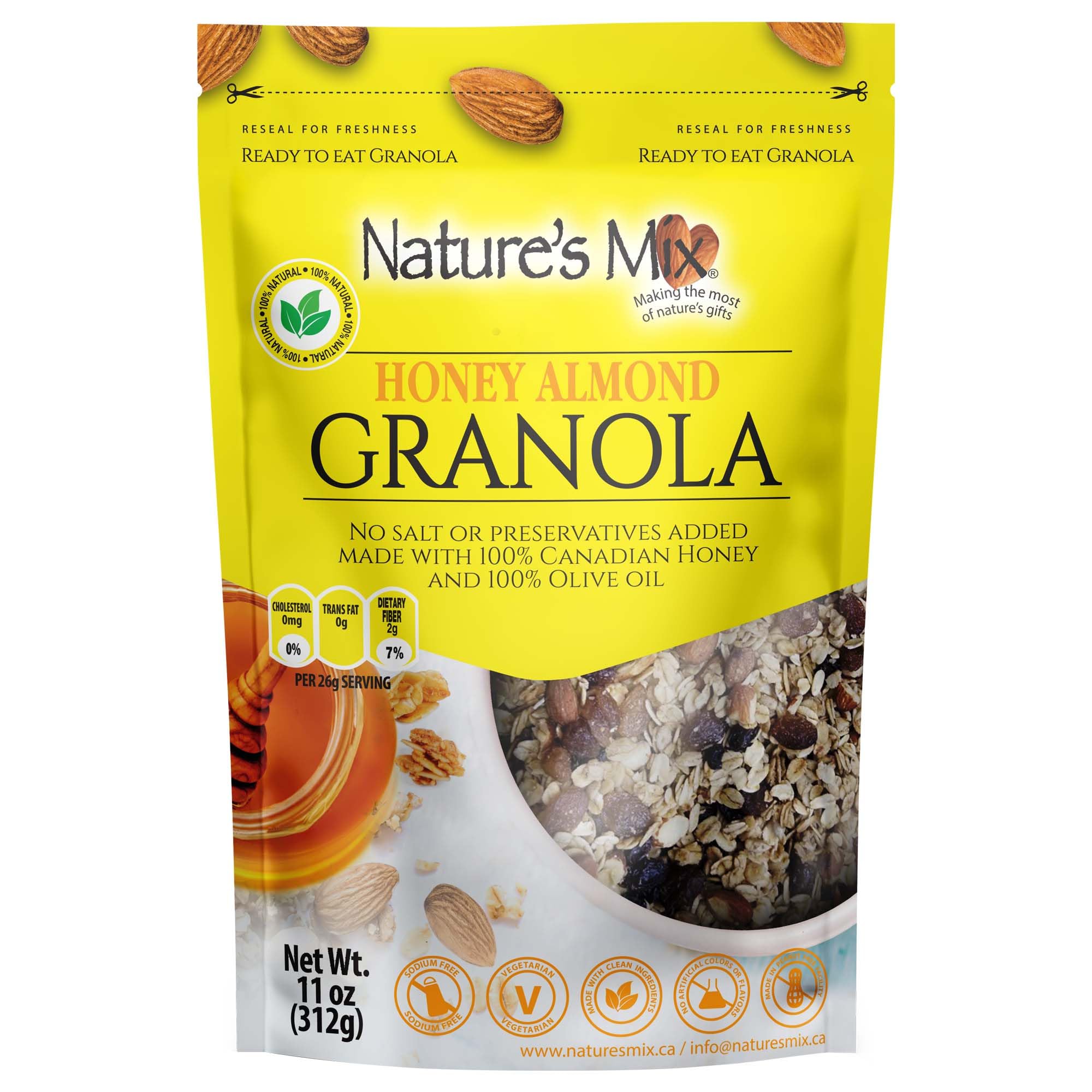 Nature's Mix - Honey Almond Granola - Almonds, Raisins, Dried Currants - Sweetened with Canadian Honey - No Sugar, Salt, or Preservatives - Small