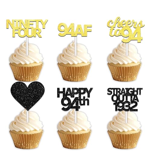 18pcs Black Gold Glitter Dessert Cupcake Pick for Straight Outta 1932 Cheer to 94 Years Old Theme Decor Supplies Happy 94th Birthday Party Decoration