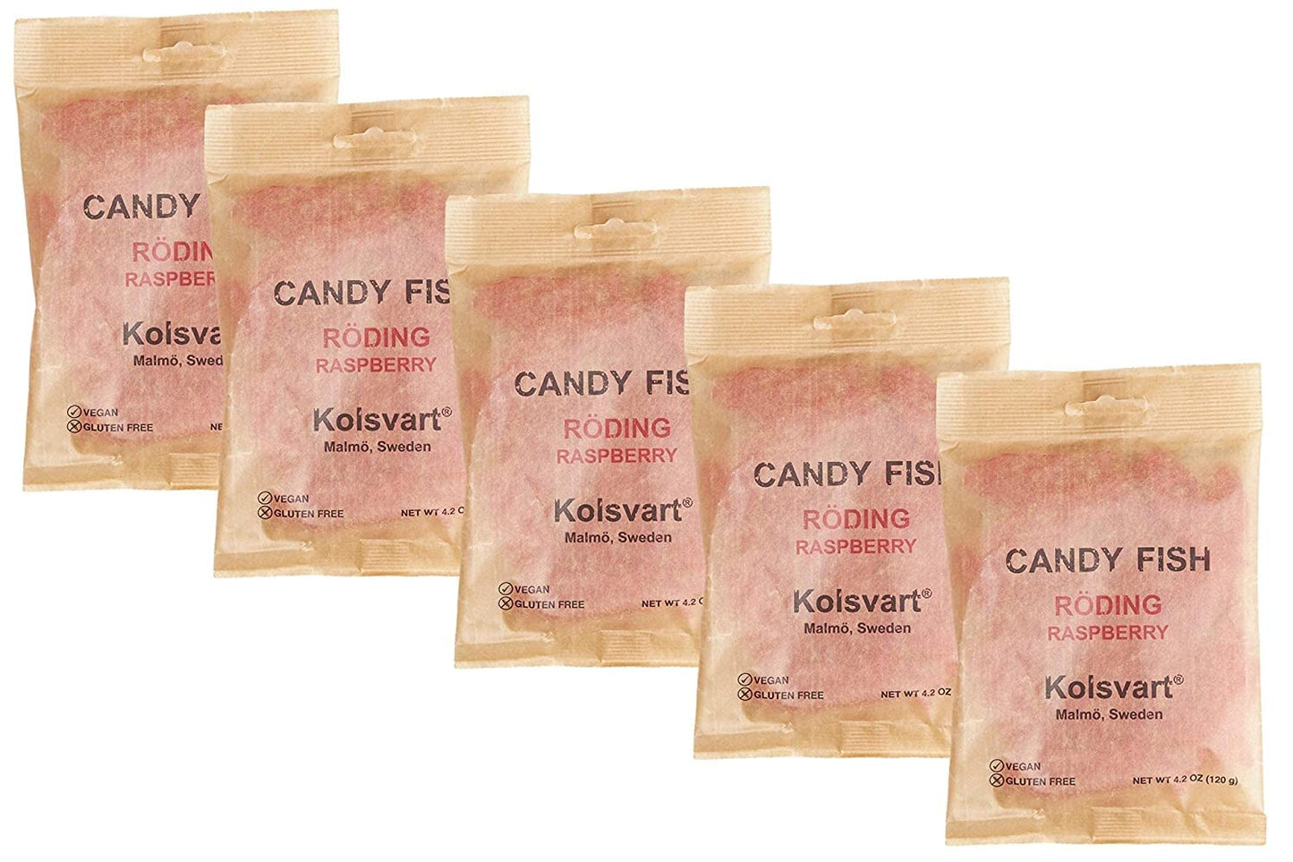Kolsvart Swedish Gummy Fish & Licorice Candy | Vegan & Gluten Free | 4.2 OZ | Pack of 5 | Raspberry