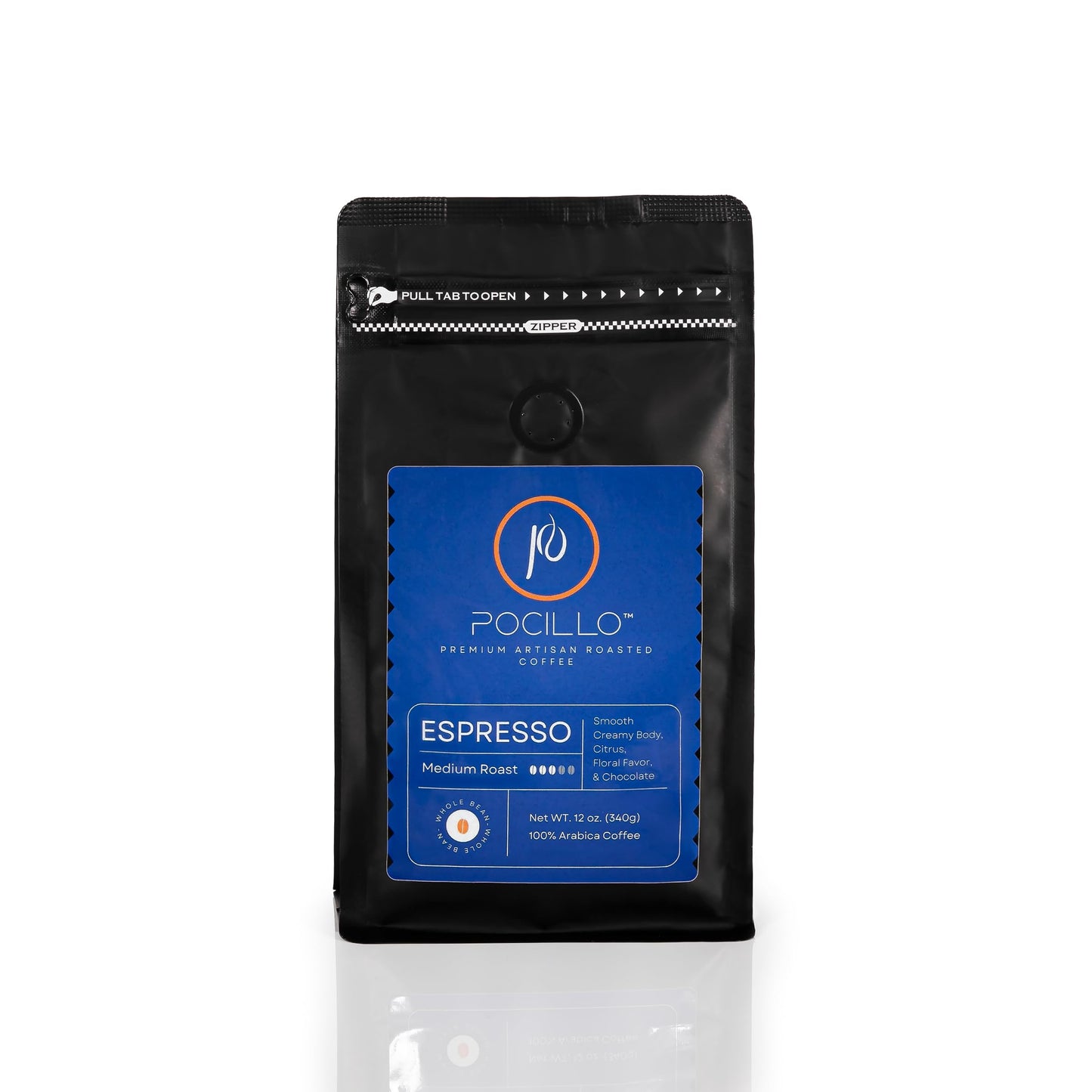 Espresso Whole Bean Coffee Medium Roast, 100% Arabica | Rich Chocolate & Citrus Notes | 12 ounces Bag | Pocillo
