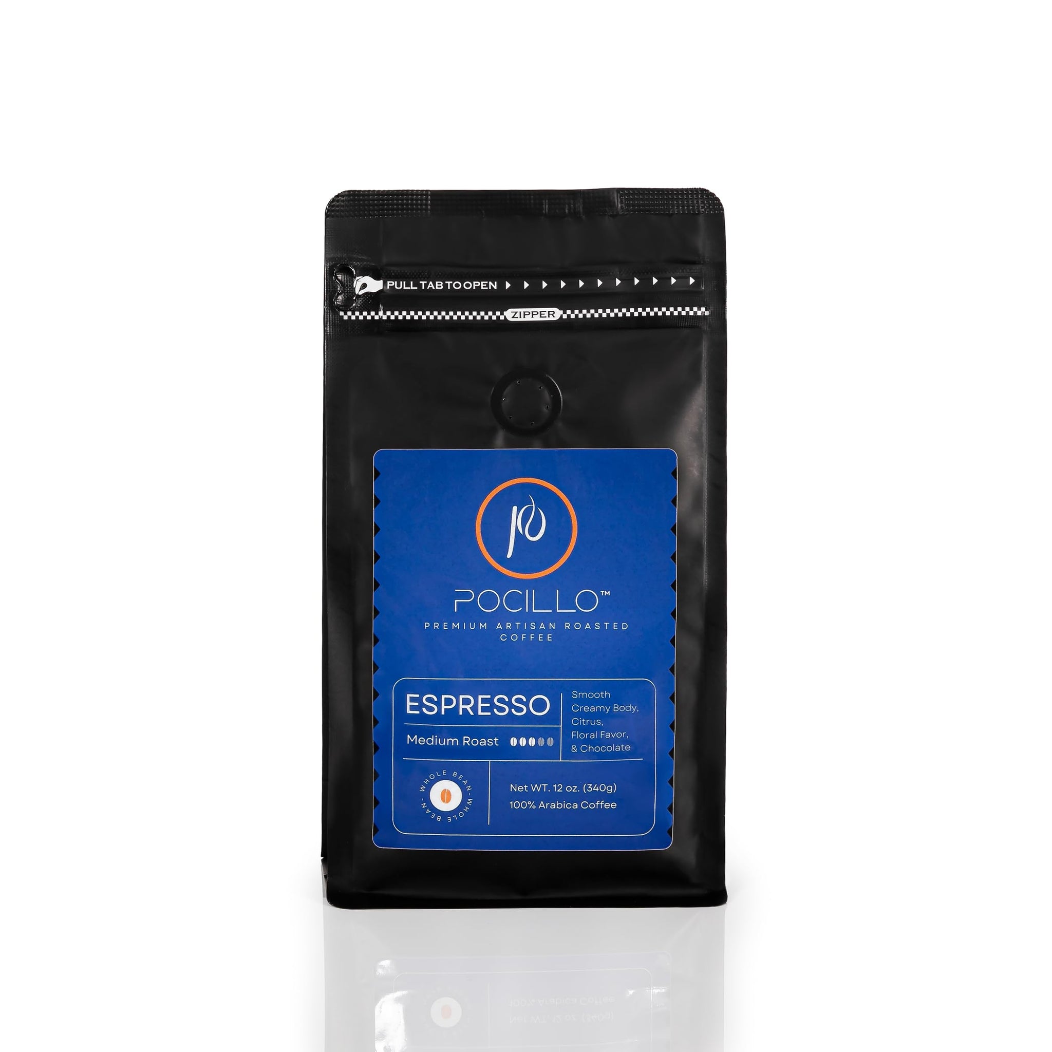 Espresso Whole Bean Coffee Medium Roast, 100% Arabica | Rich Chocolate & Citrus Notes | 12 ounces Bag | Pocillo