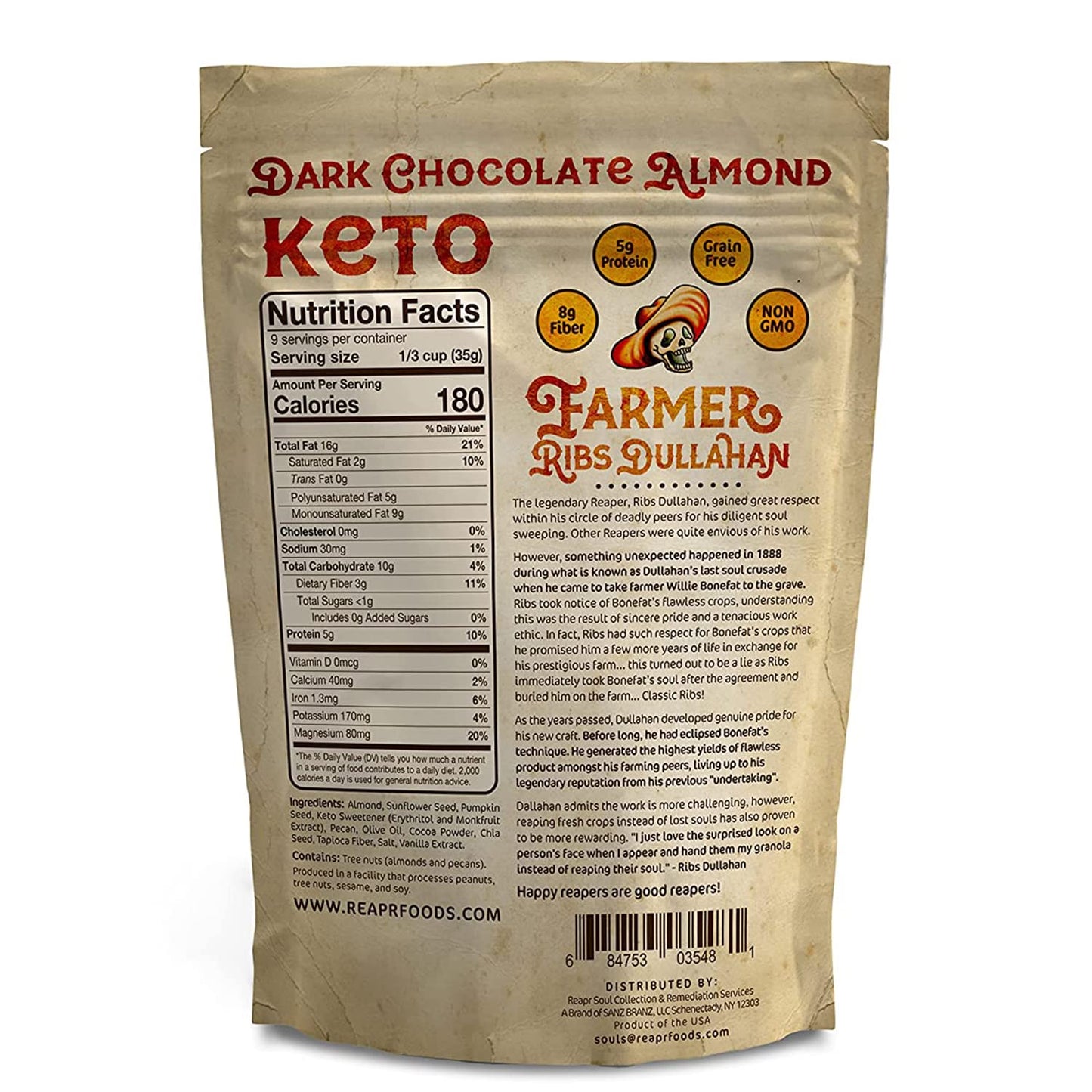 REAPR Dark Chocolate Almond Keto Granola - 100% Natural Grain-Free Granola, Non-GMO, Gluten Free, Small Batch Baked, Low Sodium + Low In Saturated Fat