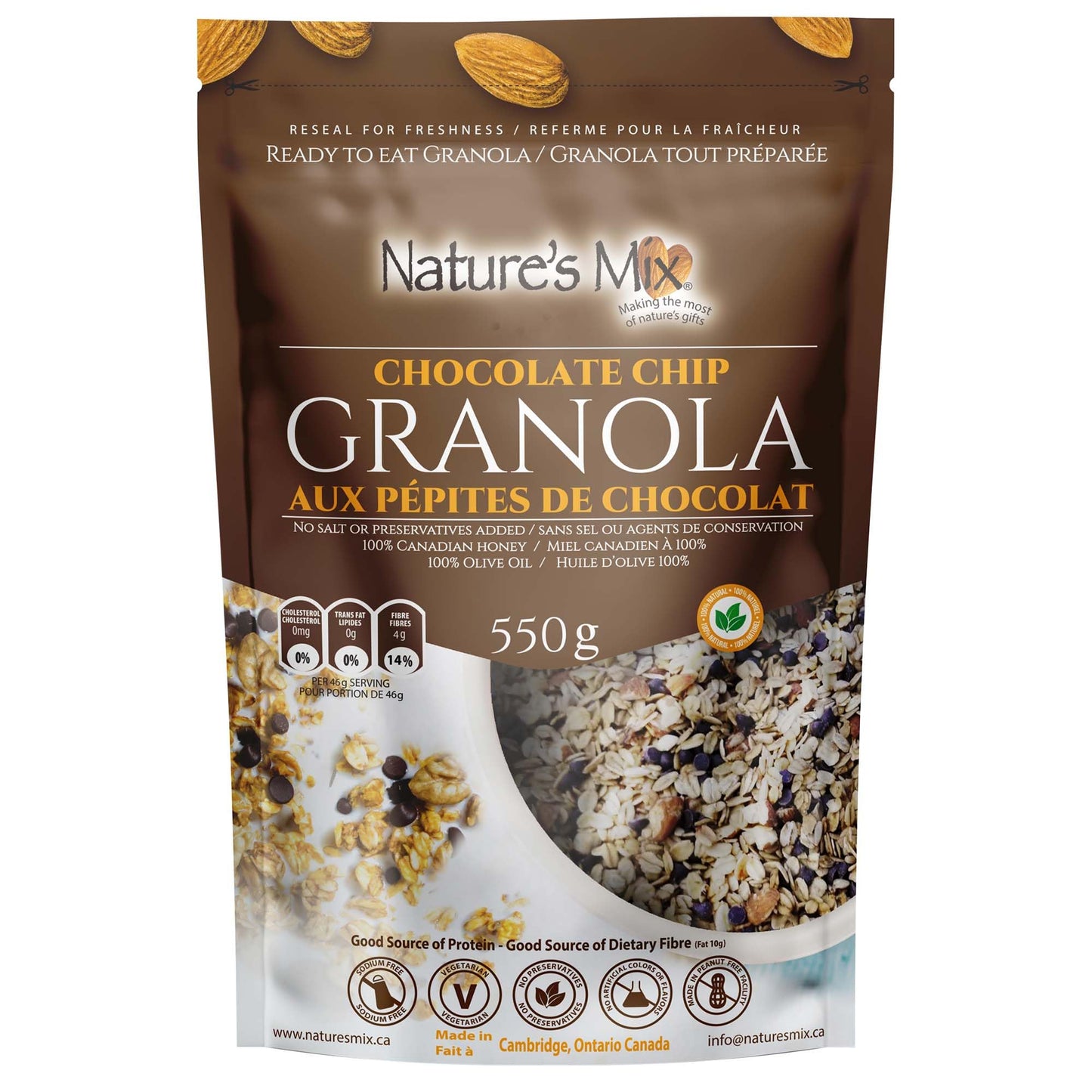 Nature's Mix - Chocolate Chip Granola (Dairy-Free) Almonds and Chocolate Chips - No Added Sugar, Soy, or Preservatives Kosher and Vegetarian - Large