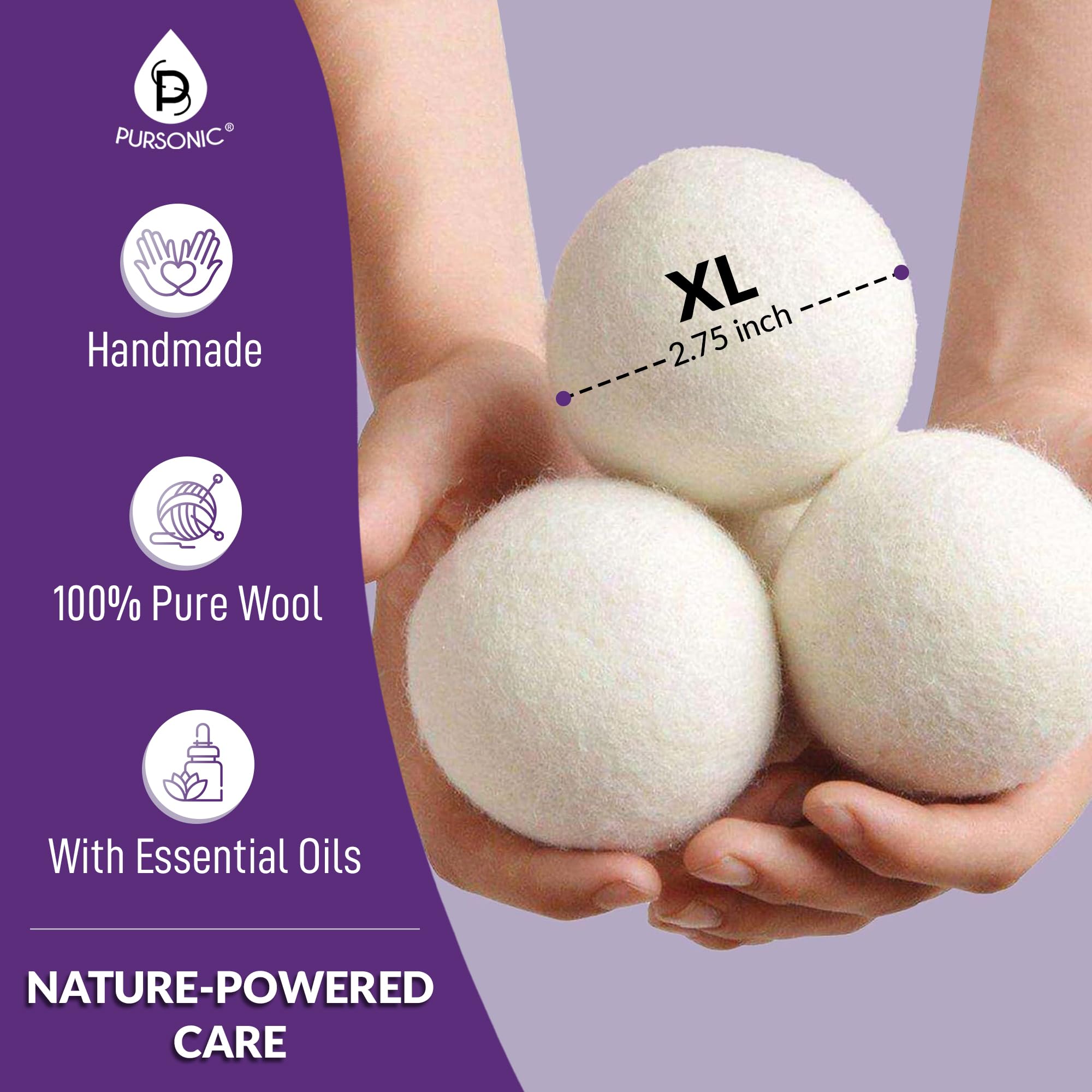 Pursonic 4-Pack Laundry Wool Dryer Balls with Lavender & Peppermint Essential Oil Scent - Reusable Fabric Softener Balls Made from Pure New Zealand