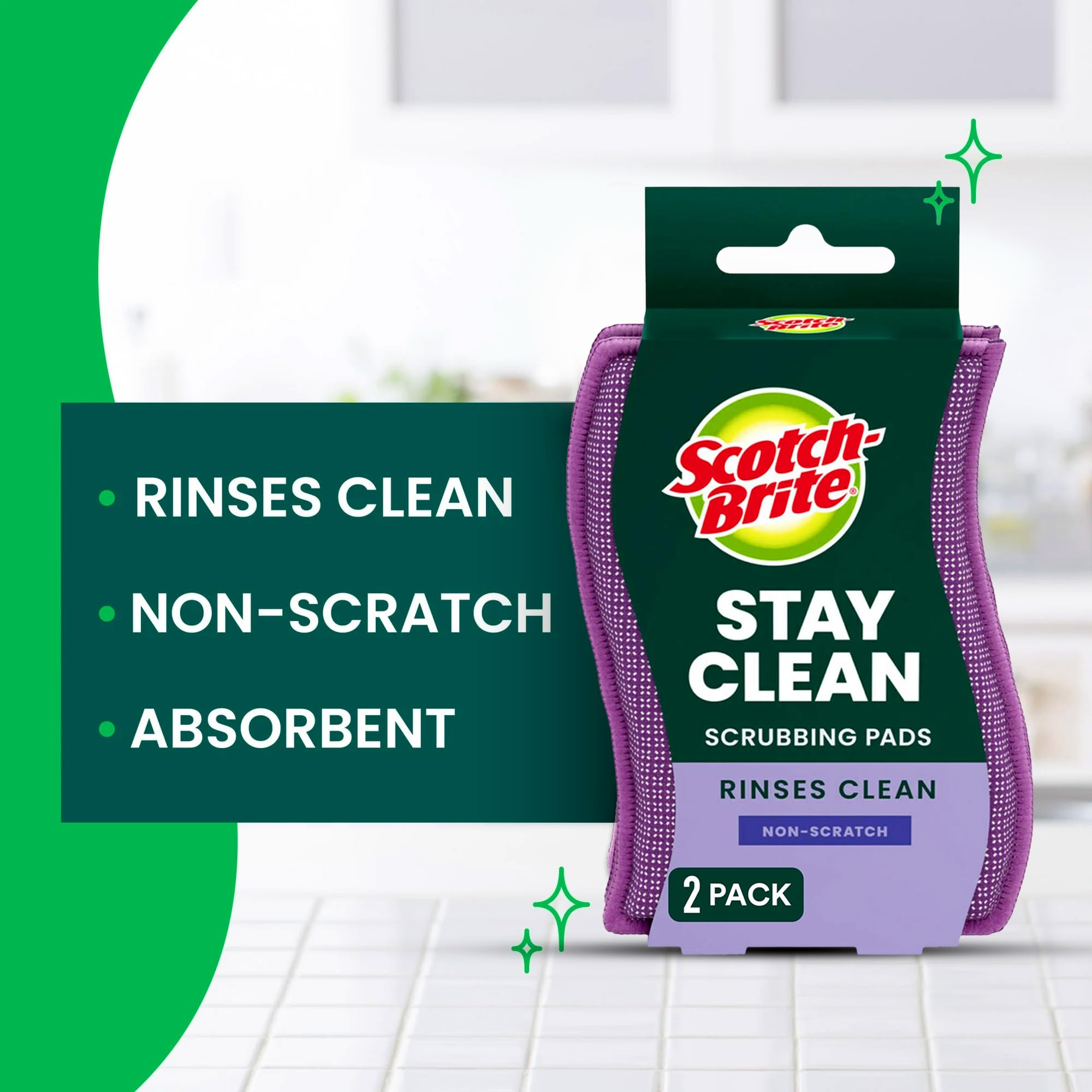 Scotch-Brite Stay Clean Scrubber Pads, Non-Scratch Dish Sponges for Kitchen Cleaning, 12 Count, Rinses Clean, Odor-Resistant, Safe on Non-Stick