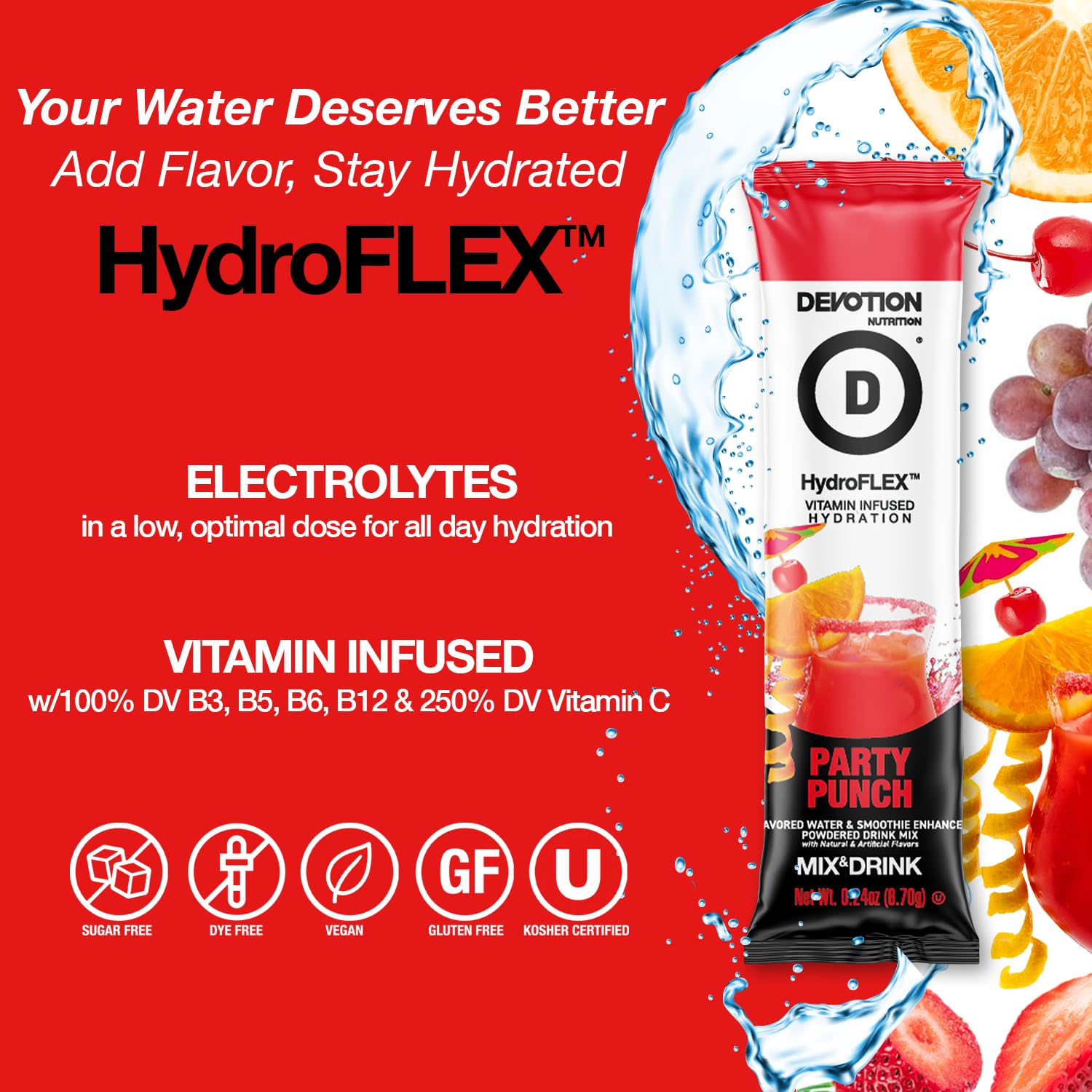 Devotion Nutrition HydroFLEX Water Flavoring Packets - Sugar-Free Hydration with Vitamins & Electrolytes - Dye-Free, Gluten-Free (Party Punch) 12-Pack