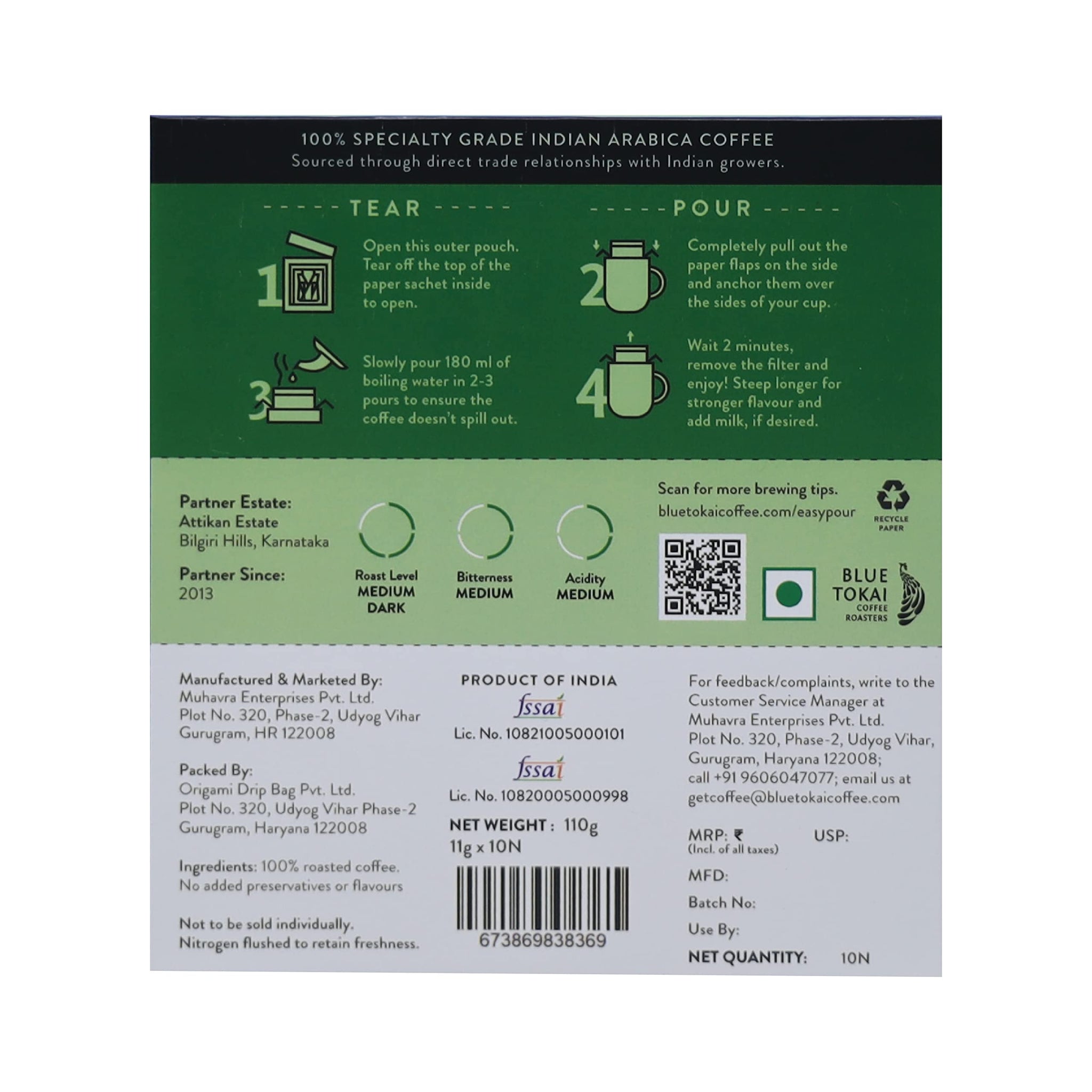 Blue Tokai Coffee Roasters Easy Pour Over Coffee Drip Bags | Attikan Estate | Nutty & Chocolatey | Medium-Dark Roast | Pack of 10 | 100% Arabica