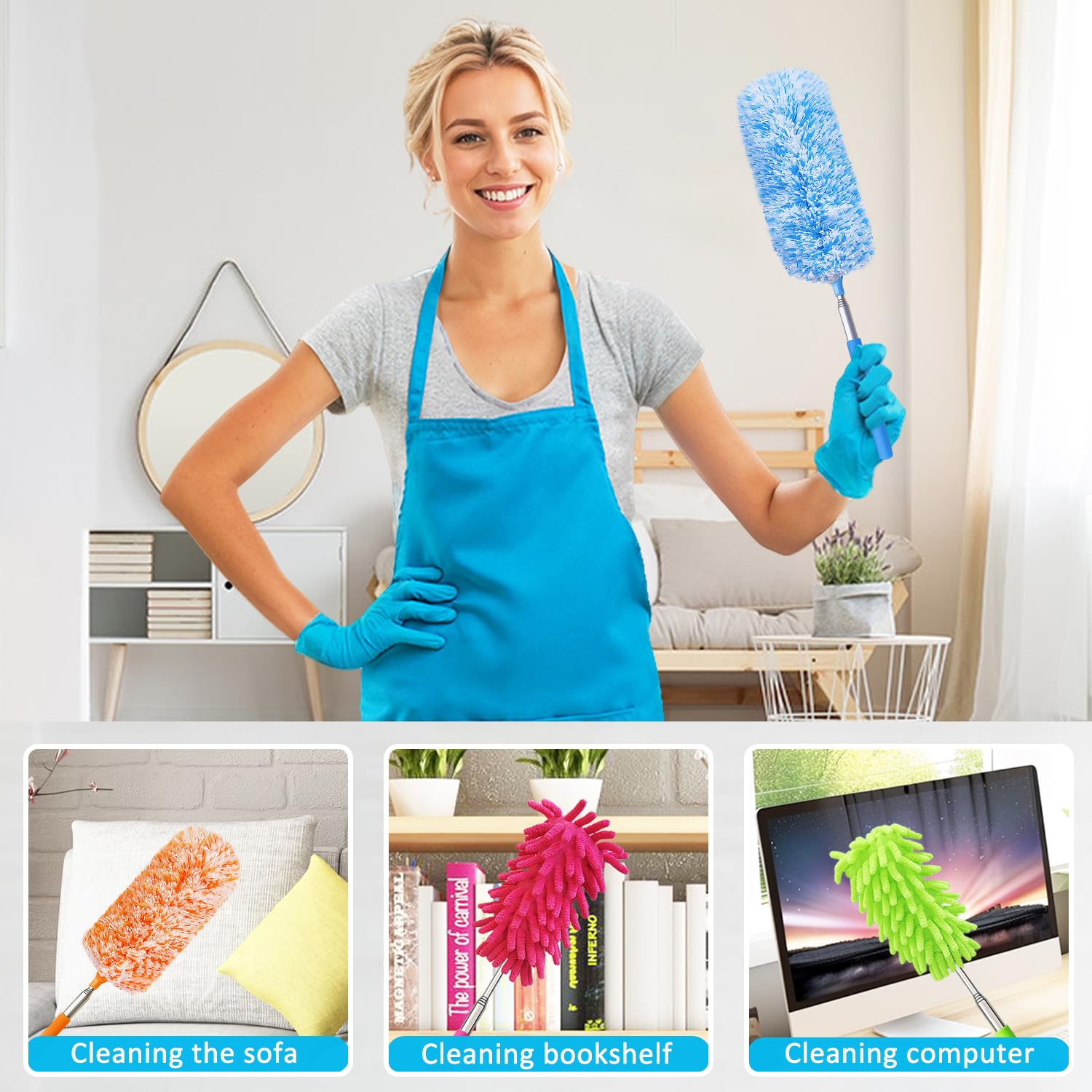 4 Pack 13" to 30" Extendable Feather Duster Kit, Washable Duster Head, Microfiber Duster for Office, Car, Window, Furniture