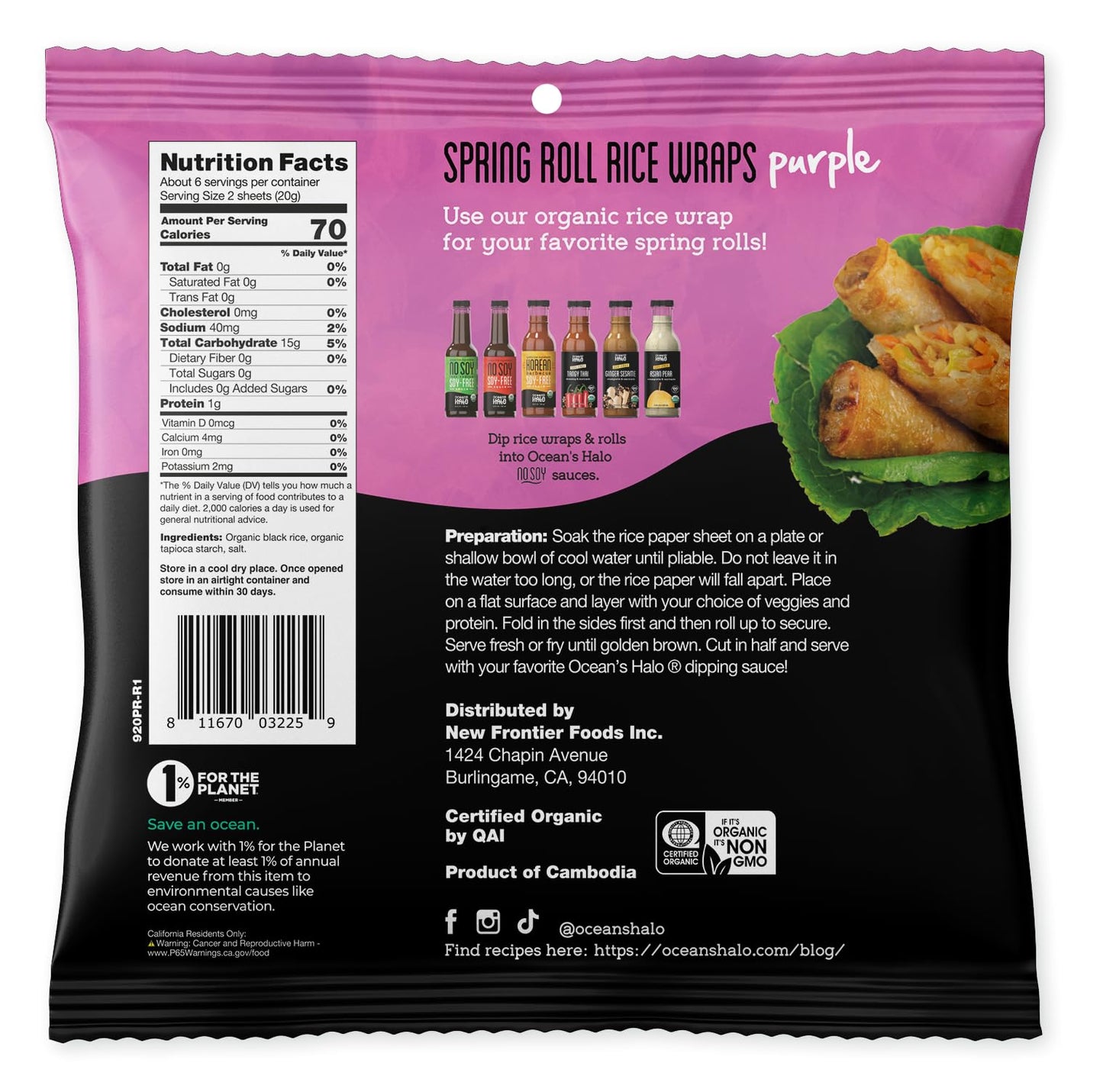 Ocean's Halo Organic Spring Roll Purple Rice Wraps, 4.2 oz