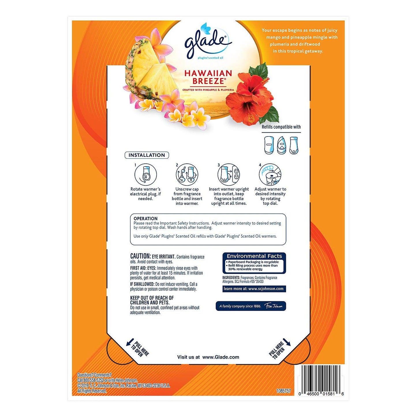 Glade PlugIns Scented Oil Refill, Essential Oil Infused Wall Plug in, 6.39 fl. oz, 9 ct. (Hawaiian Breeze)
