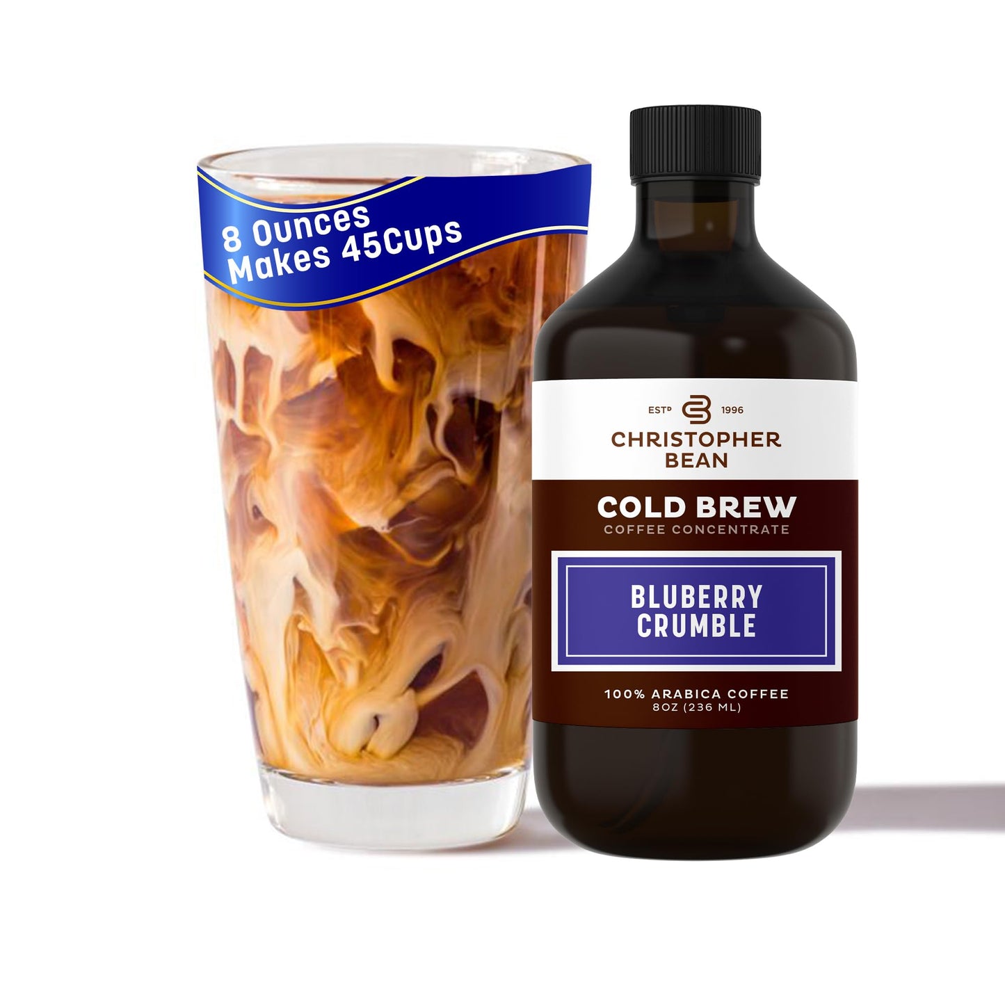 Christopher Bean Hand Crafted Blueberry Crumble Flavored Coffee - Unsweetened Cold Brew & Iced Instant Coffee Distillate Liquid Java - Blueberry