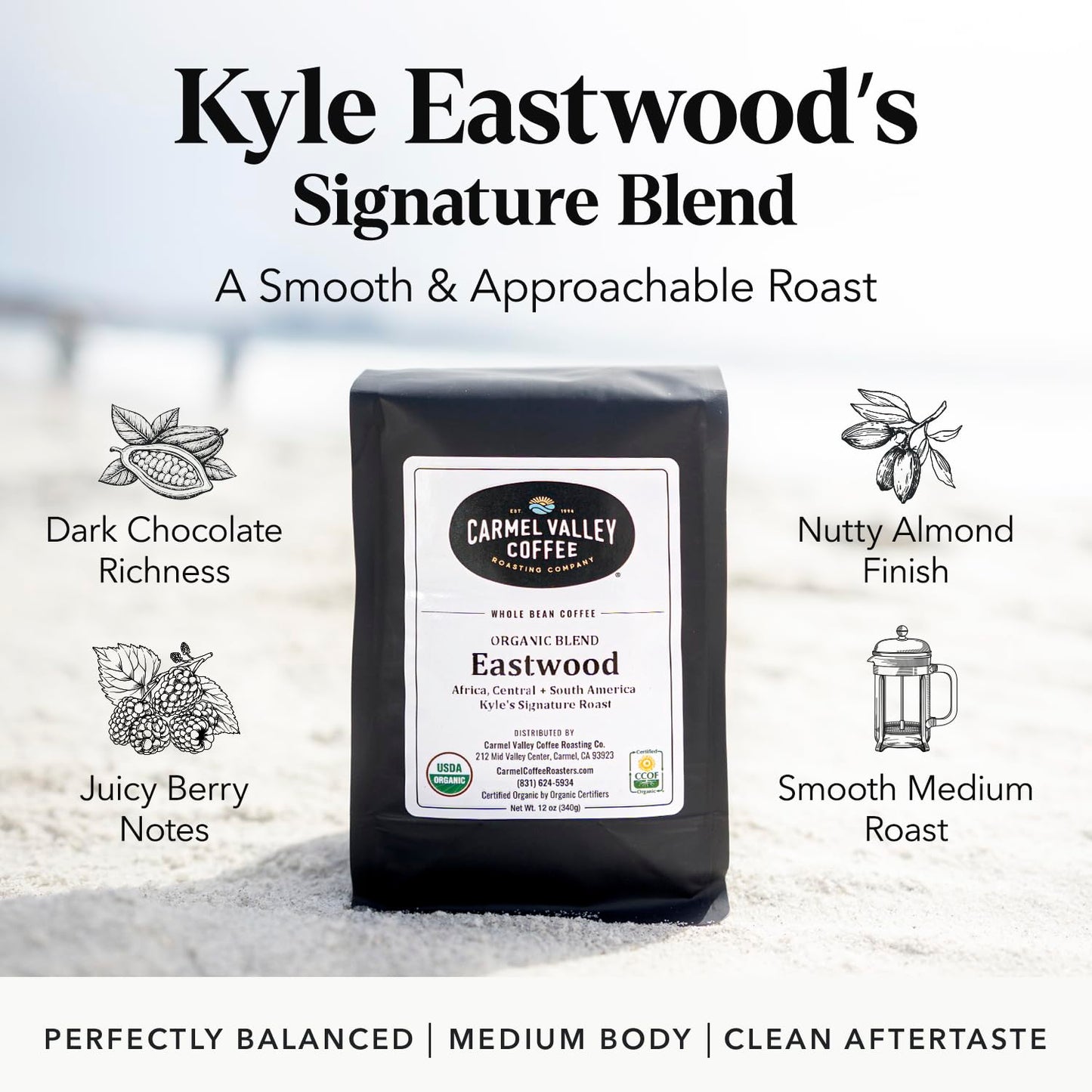 Carmel Valley Coffee Roasting Eastwood Organic Medium Roast Coffee - Whole Bean and Fresh Roasted - Dark Chocolate, Ripe Berry and Toasted Almond