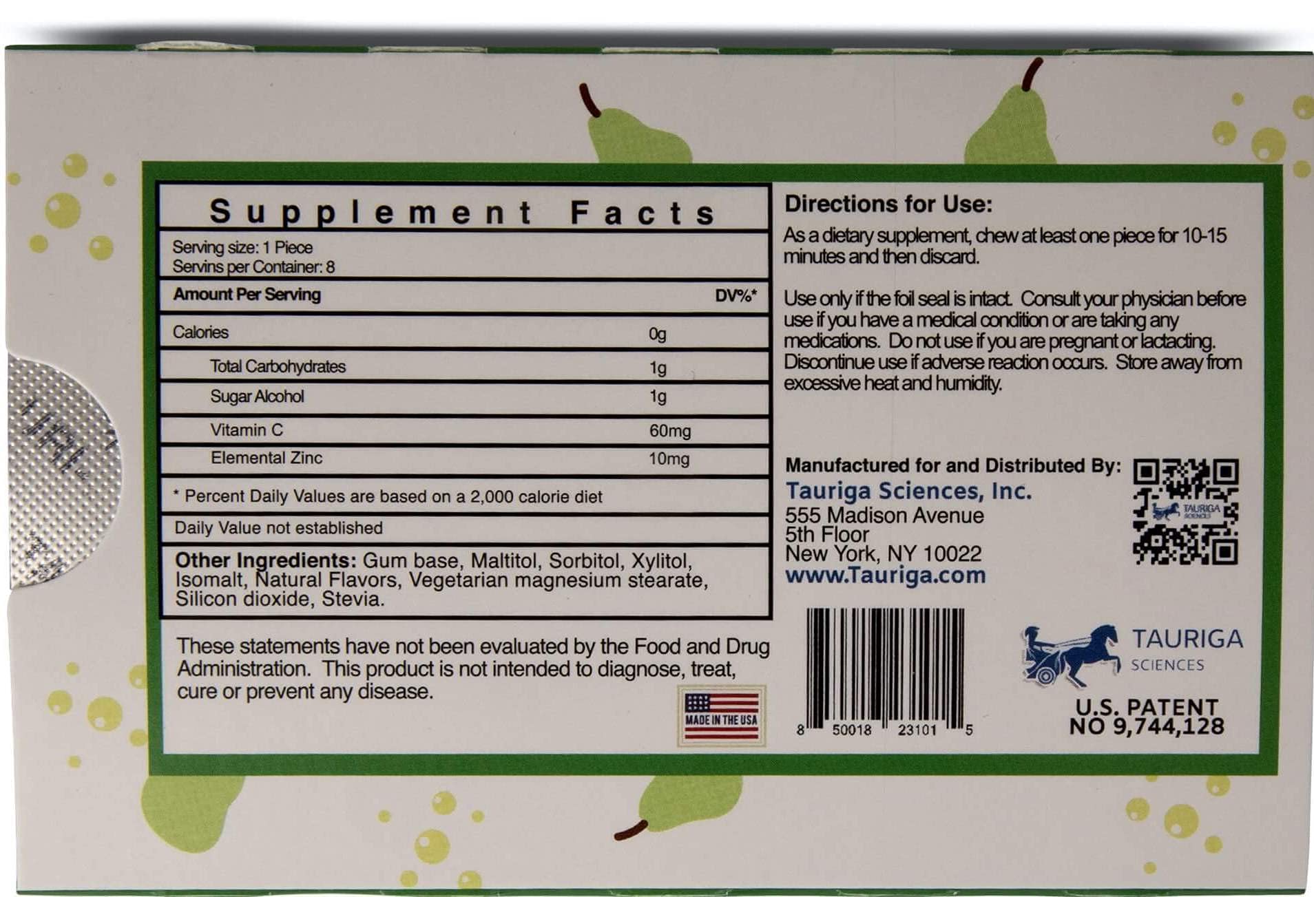 Tauri-Gum Pear Bellini | Zinc Chewing Gum, Immune Booster, Kosher | Vegan (Pack Of 1)